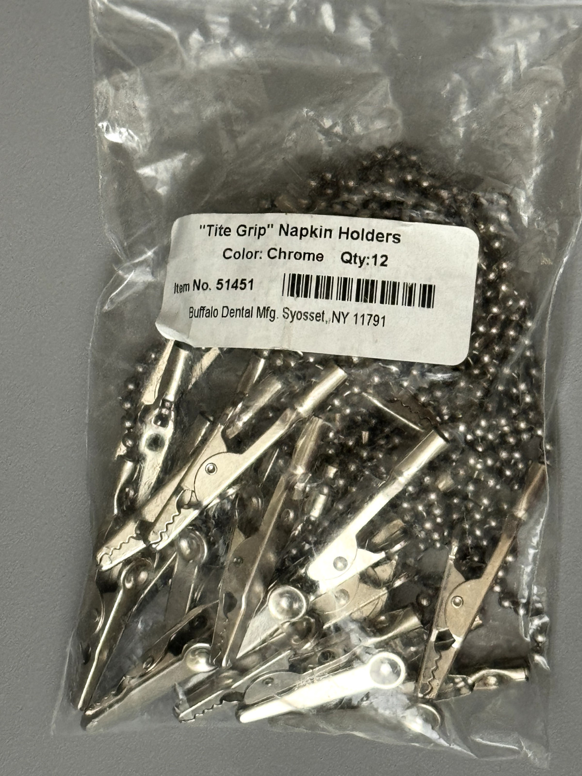 Buffalo Dental Tite Grip Chome Nickle Plated Napkin Bib Holders Clip 12pk 10.25″