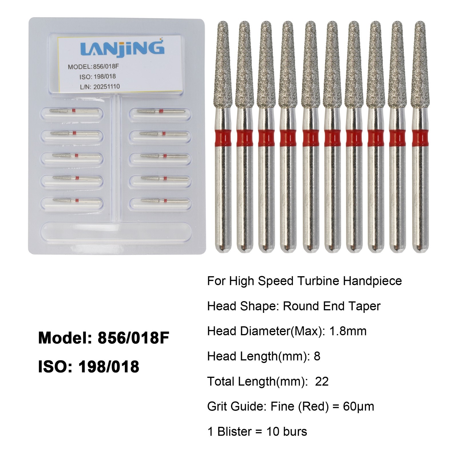 Dental Diamond Burs Round End Taper Bur Fine High Speed Friction Grip 856/018F