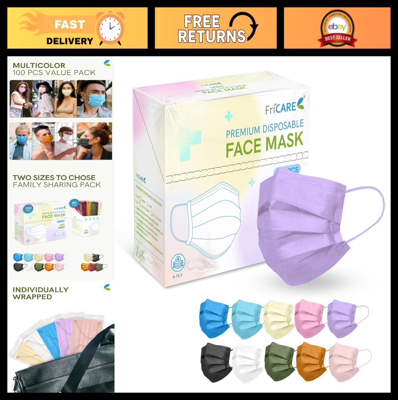 Disposable Face Masks for Adults, 4 Ply ASTM Level 3, Allergy Protection, 100 Pa