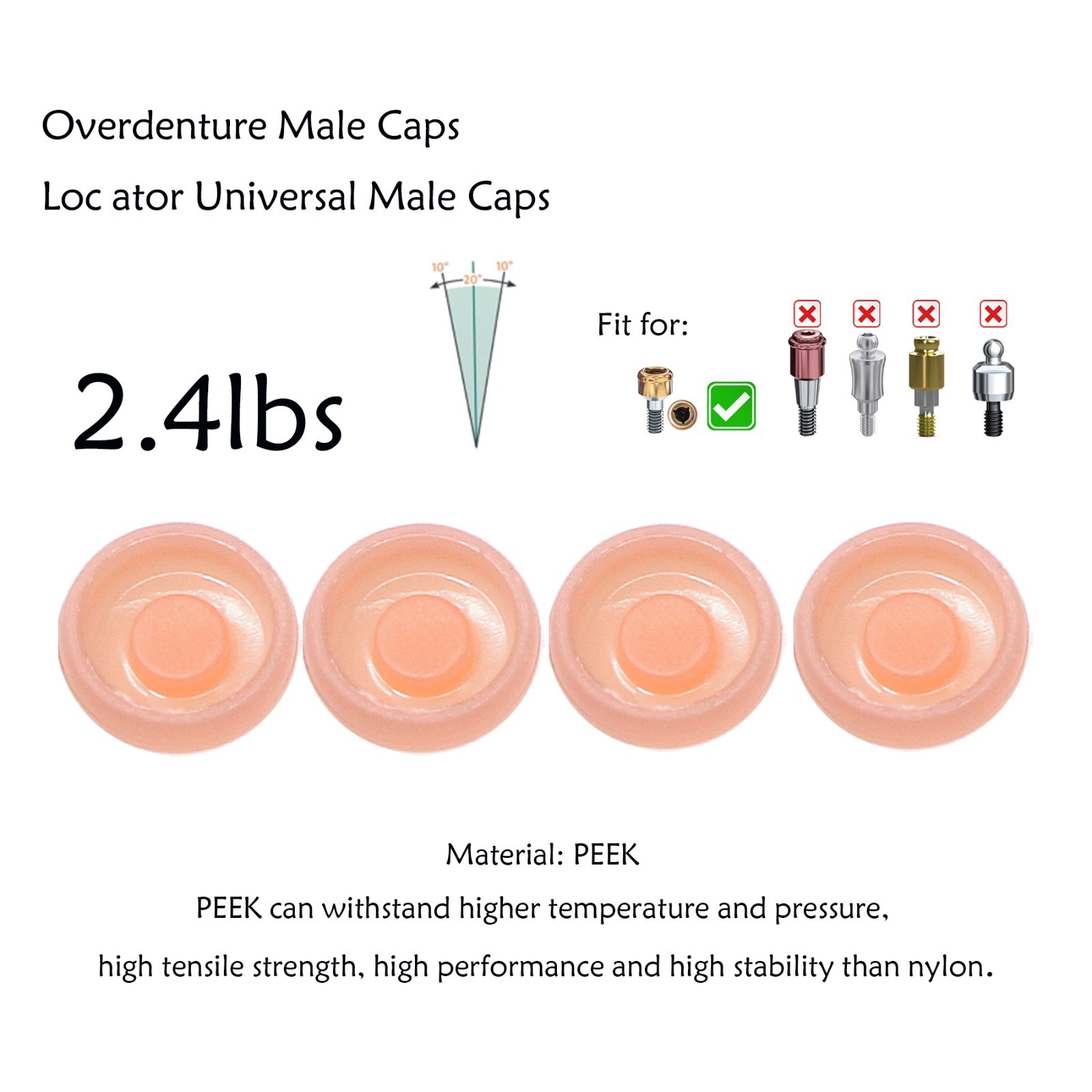 Universal Dental Overdenture Retention Male Caps Insert for Zest Locator System
