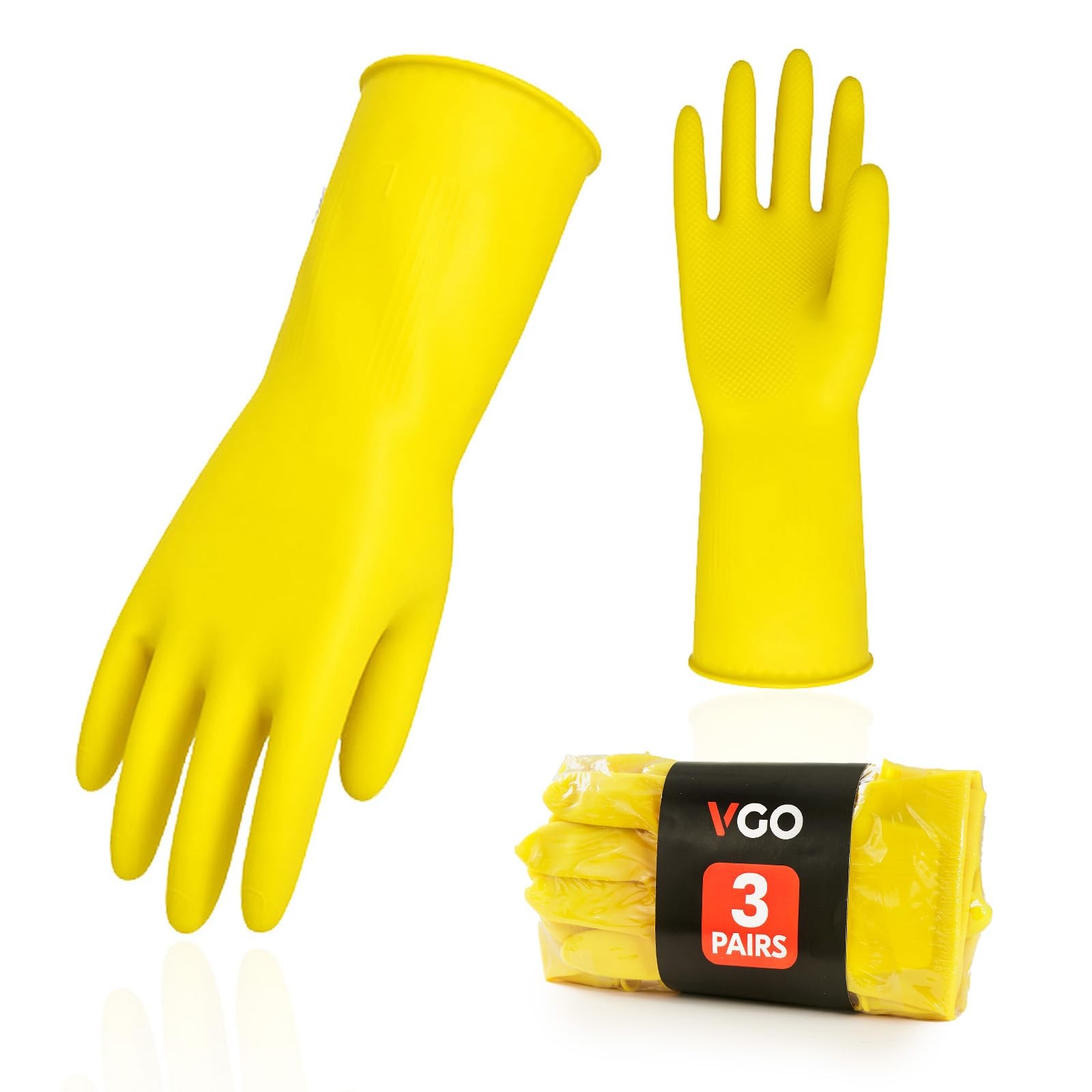 3~Pair Reusable Rubber Dishwashing Gloves, Extra Long, Yellow, Size M