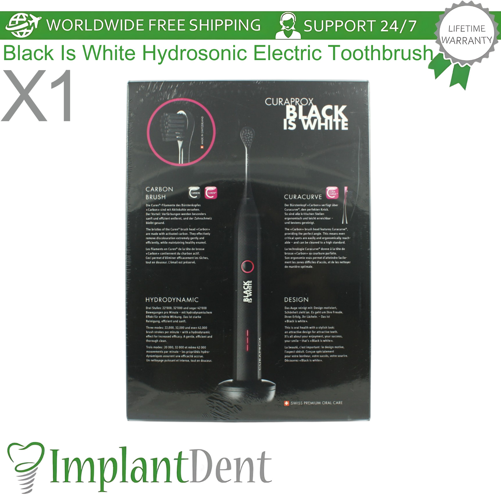 Dental Hydrosonic Black Is White Electric Toothbrush Daily Oral Hygiene Curaprox