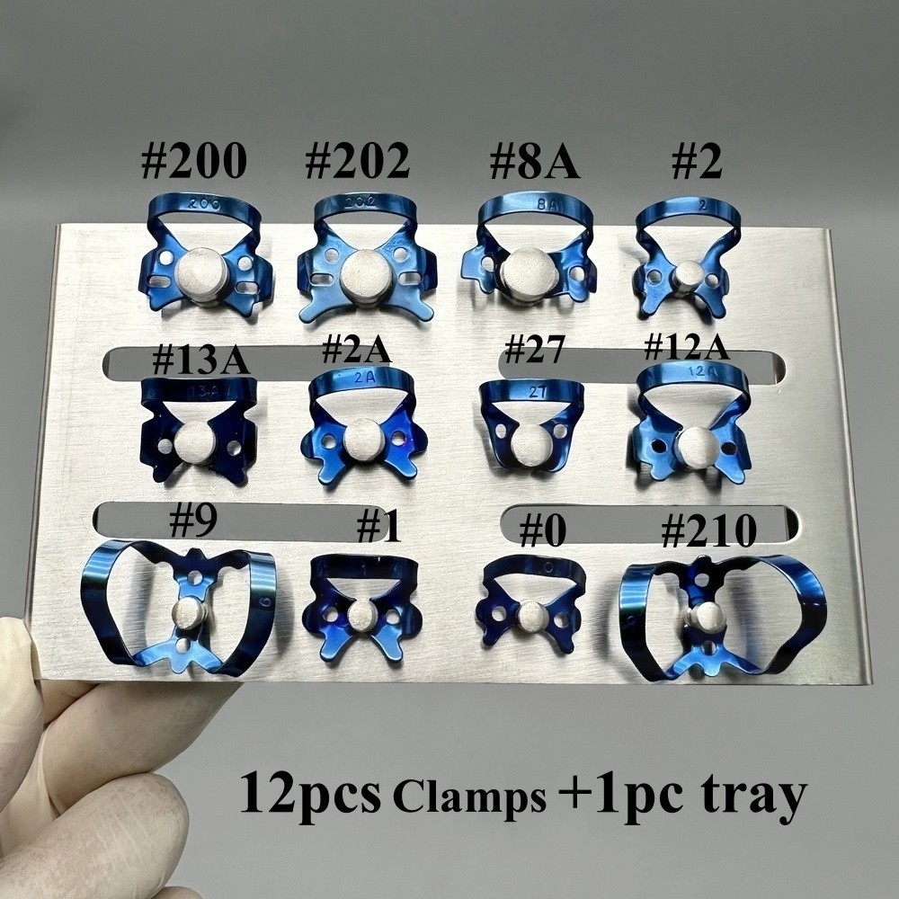 13Pcs/Kit Endodontic Rubber Dam Clamp Blue Dental Instruments With Tray Holder