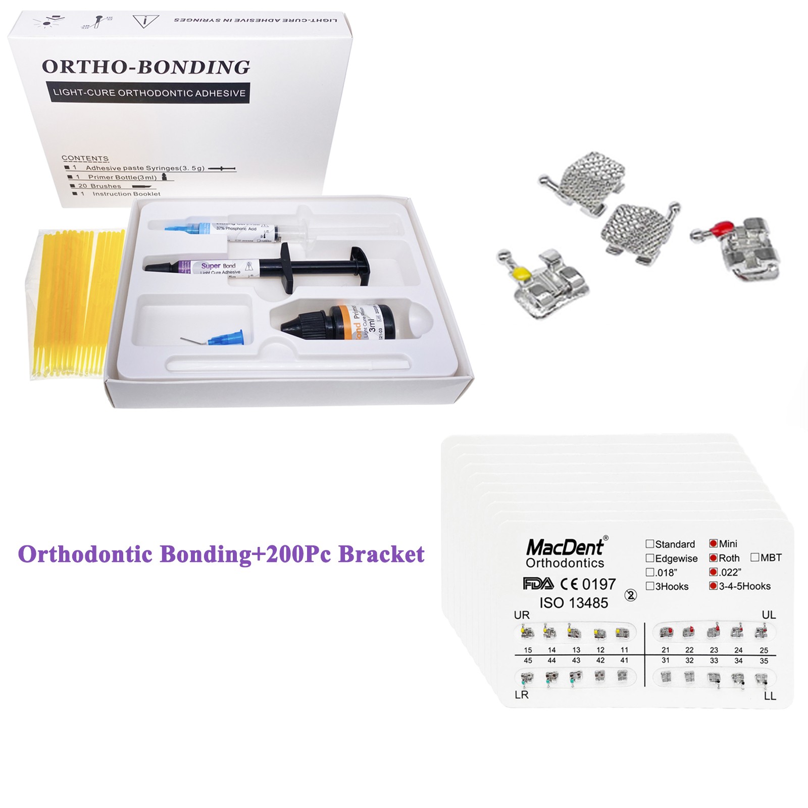 200Pc Dental Orthodontic Brackets Braces Mini Roth.022/Light Cure Bonding
