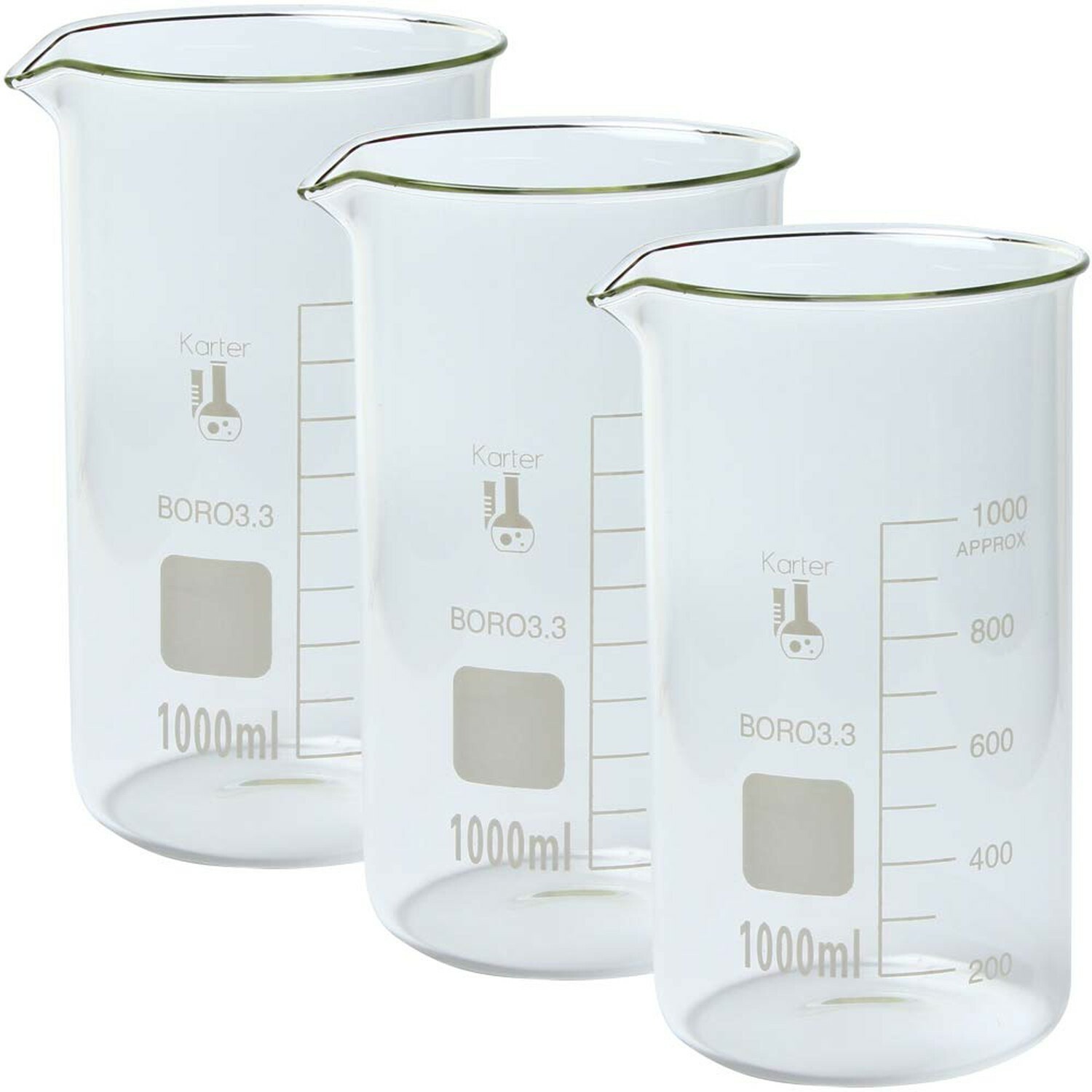 1000ml Beaker, Tall Form, 3.3 Borosilicate Glass, Single Scale (Pack of 3)