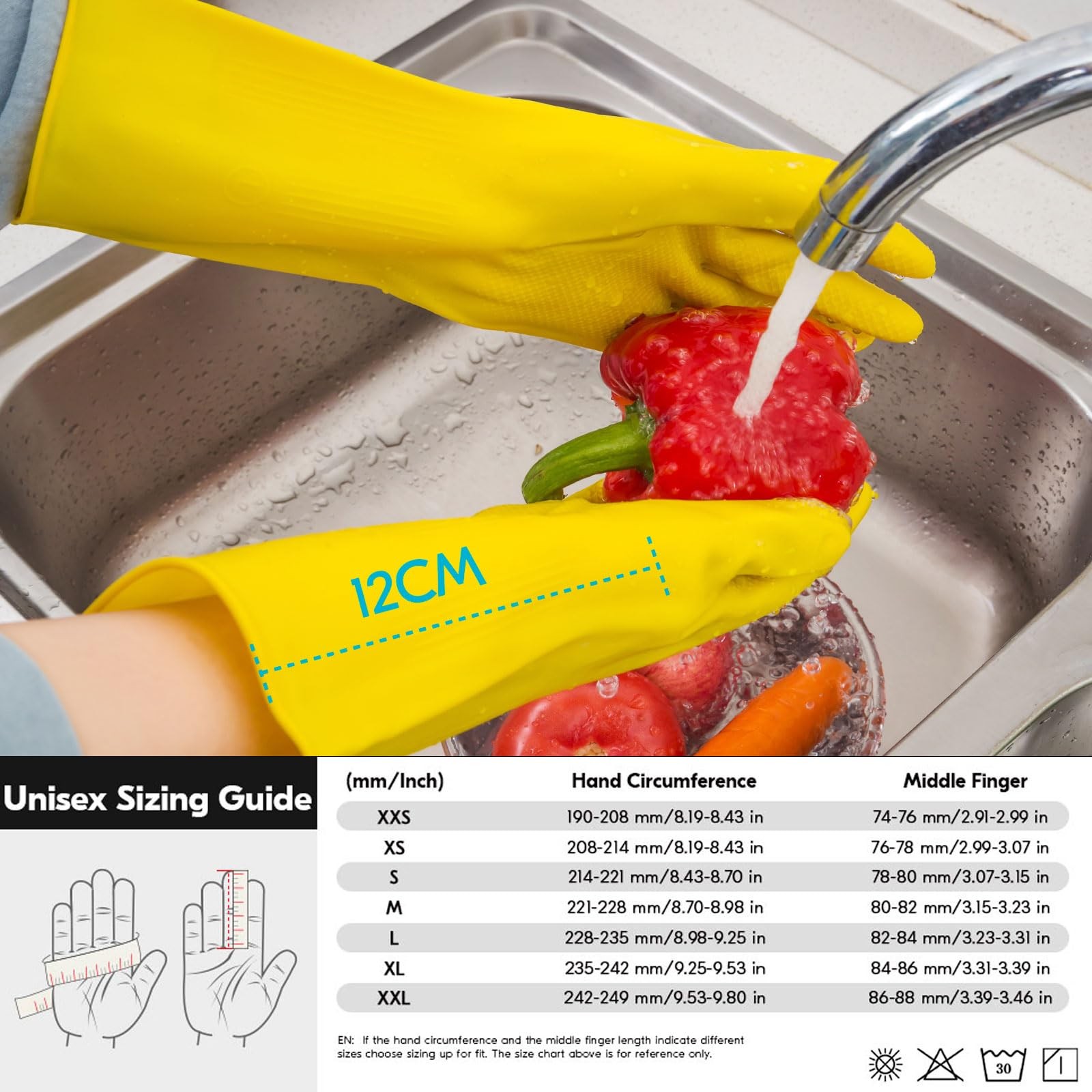 3~Pair Reusable Rubber Dishwashing Gloves, Extra Long, Yellow, Size M