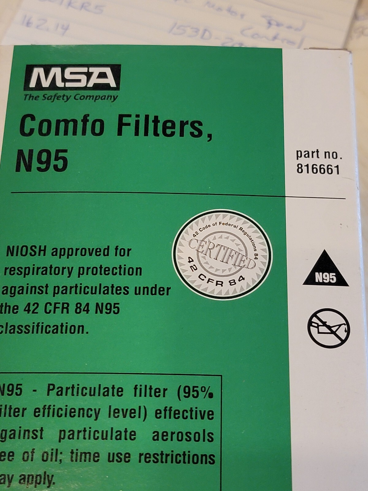Msa Safety 816661 Filter, Threaded, N95, Black, 50 Pk, Niosh