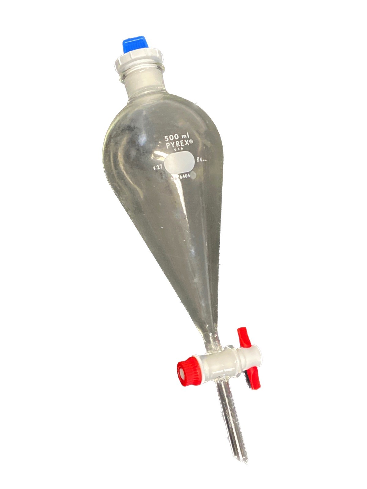 PYREX Glass 500mL Squibb Separatory Funnel PTFE 4mm Stpk #27 HDPE 6404-500 B