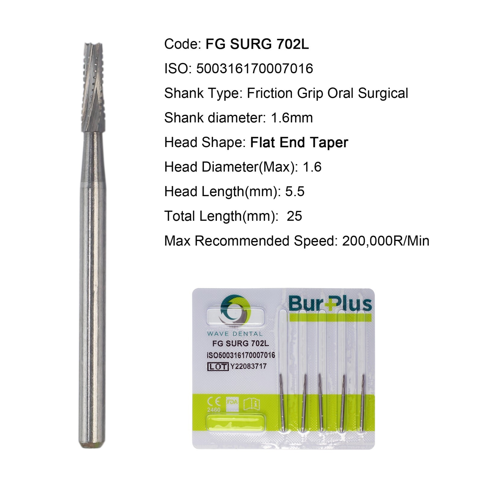 Wave Dental Surgical Burs Carbide FG SURG 702L 25mm Length Flat End Taper FGOS