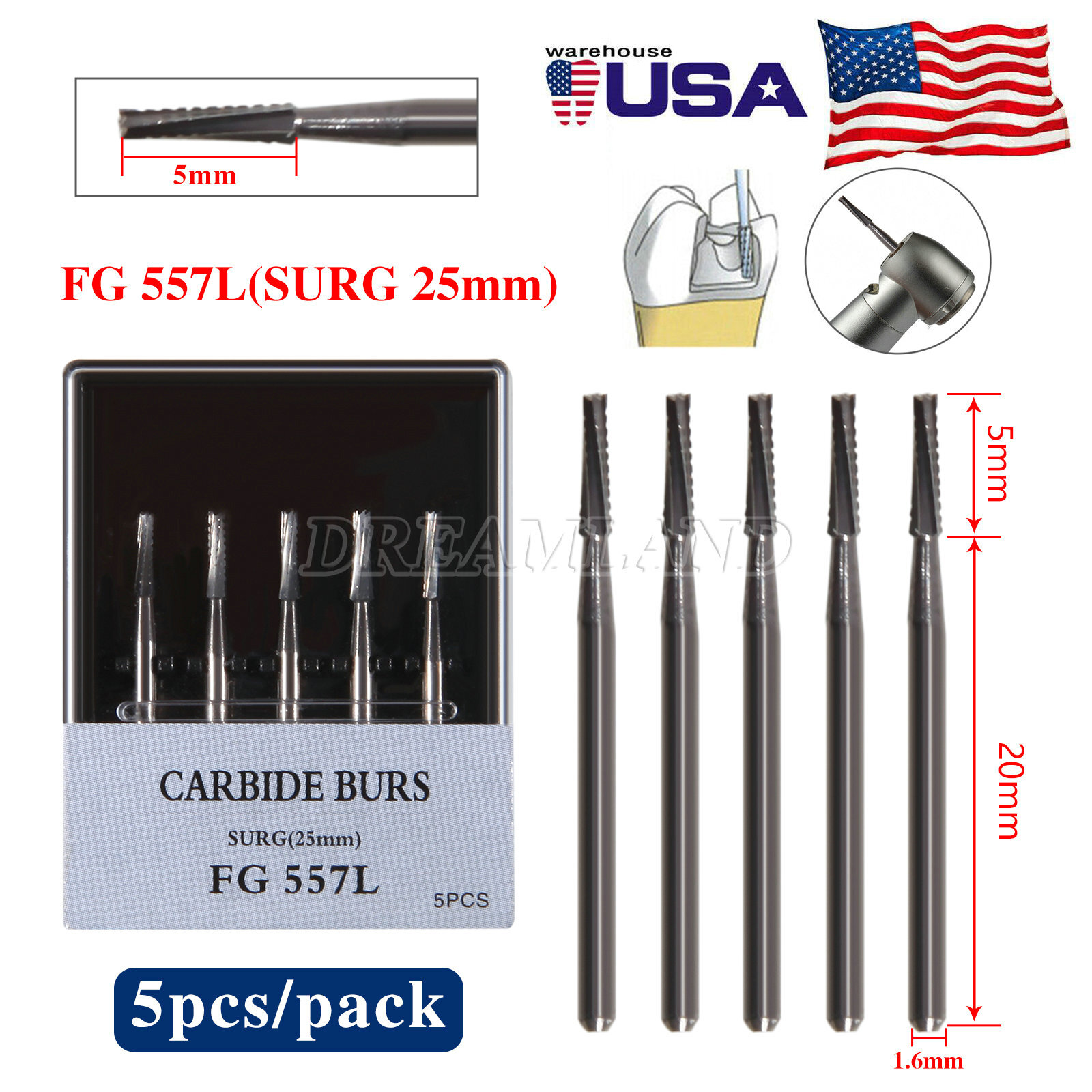 Dental 557 FGOS Surgical Carbide Burs 25mm Length FG-557XL 5Pcs/Box