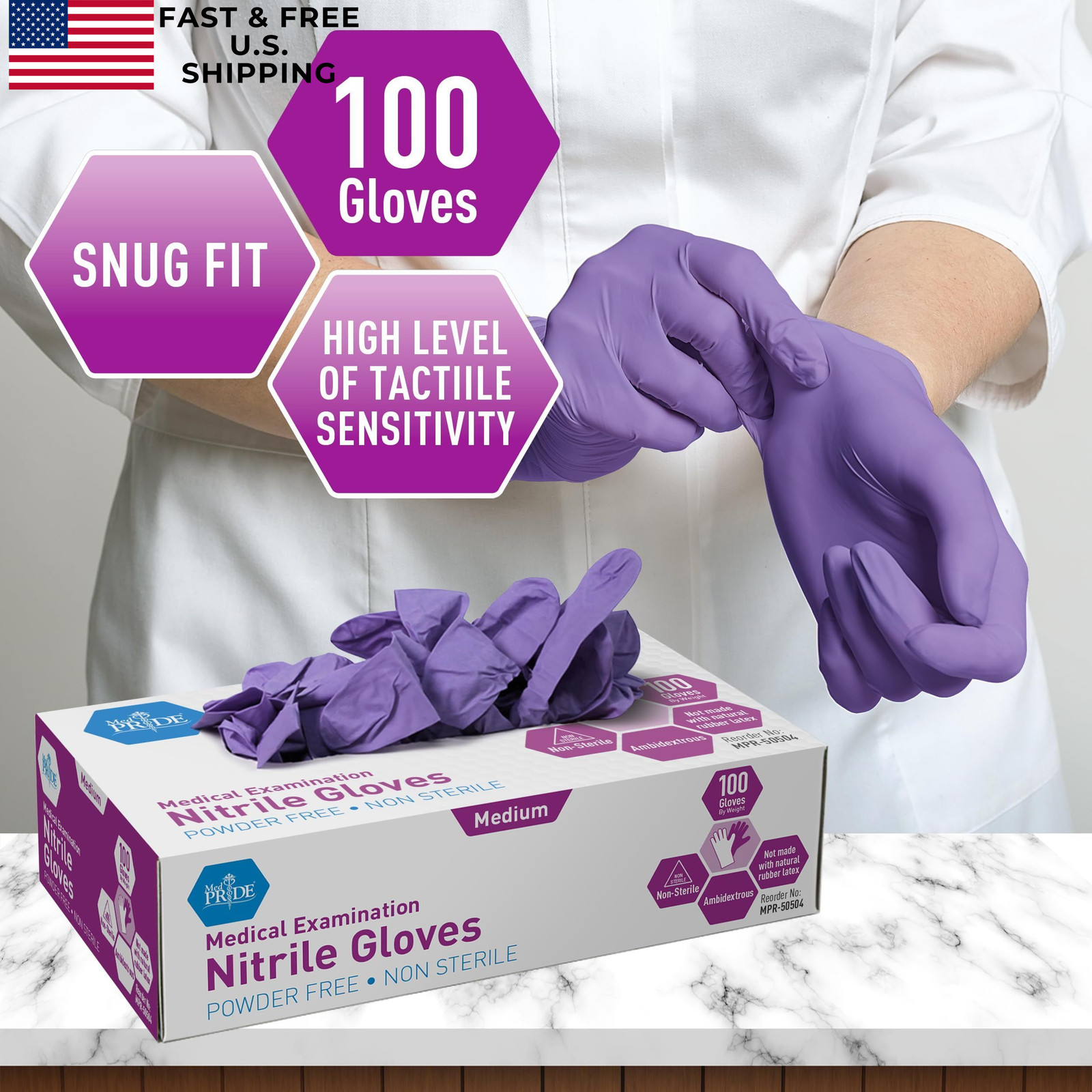 MedPride Powder-Free Nitrile Exam Gloves, Medium (Pack of 100), Iris Blue