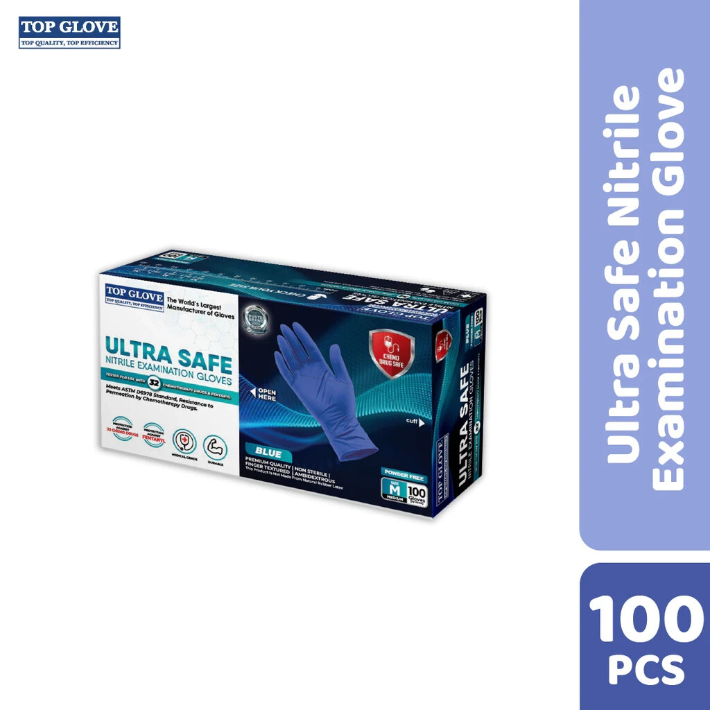 Top Glove Ultra Safe Nitrile Examination Powder Free Glove Blue 100/Box