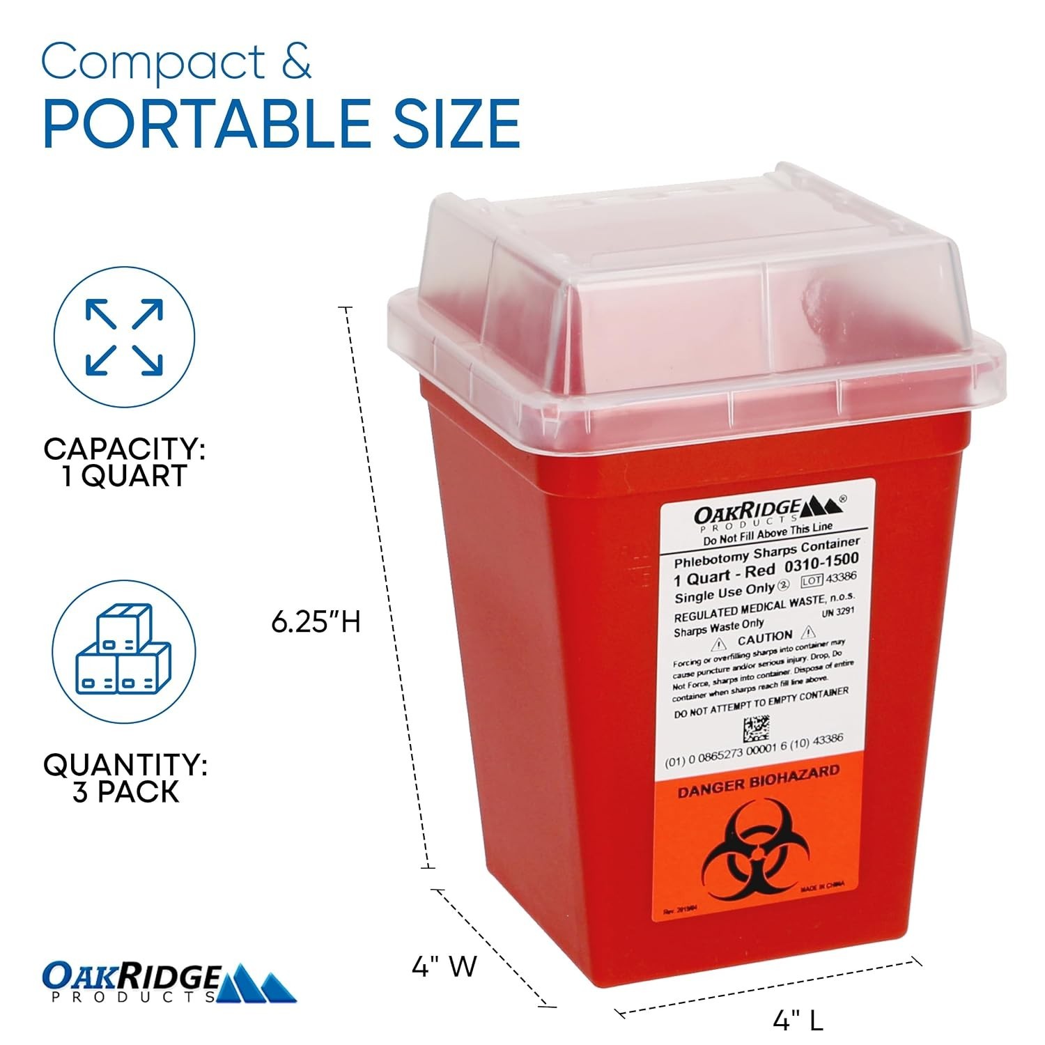 Compact 1 Quart Biohazard Needle Disposal Containers – Pack of 10, Clear Lid