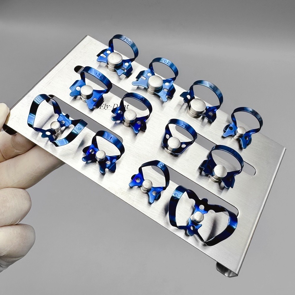 Dental Surgical Rubber Dam Clamp Blue/Sliver Instruments Endo With Tray Holder