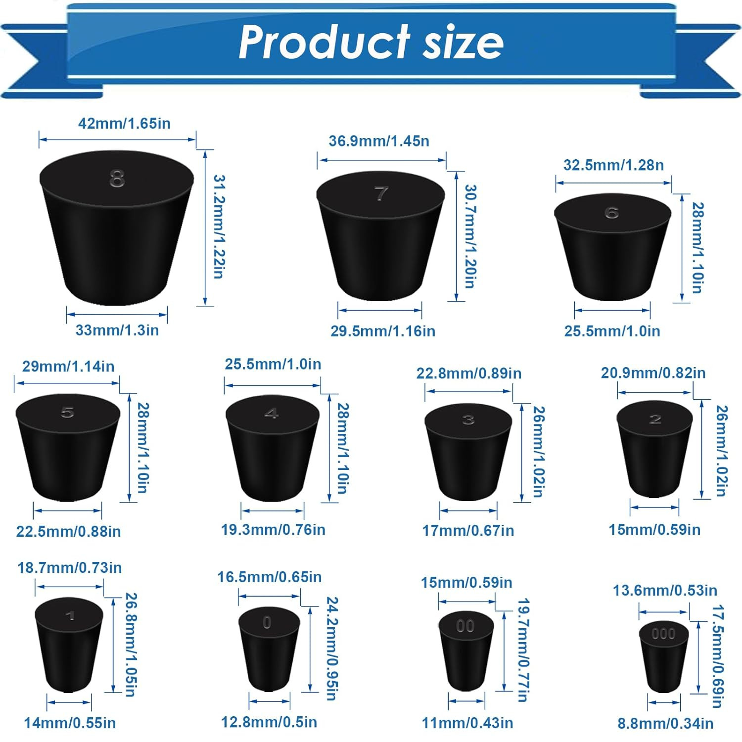 24Pcs Solid Rubber Stopper 11 Assorted Sizes 000# – 8# for Flask, Plug Holes, La