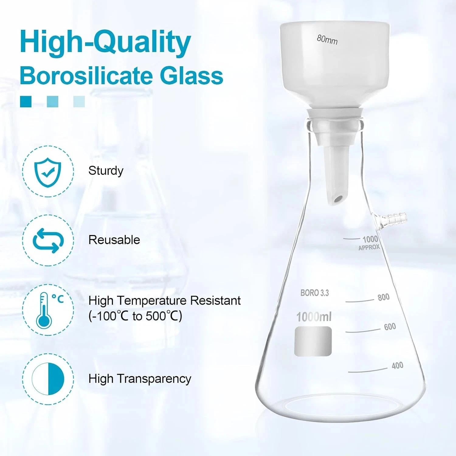 1000ML Buchner Funnel Kit Filter Flask Set, 1L Vacuum Flask 80mm Funnel, Borosil