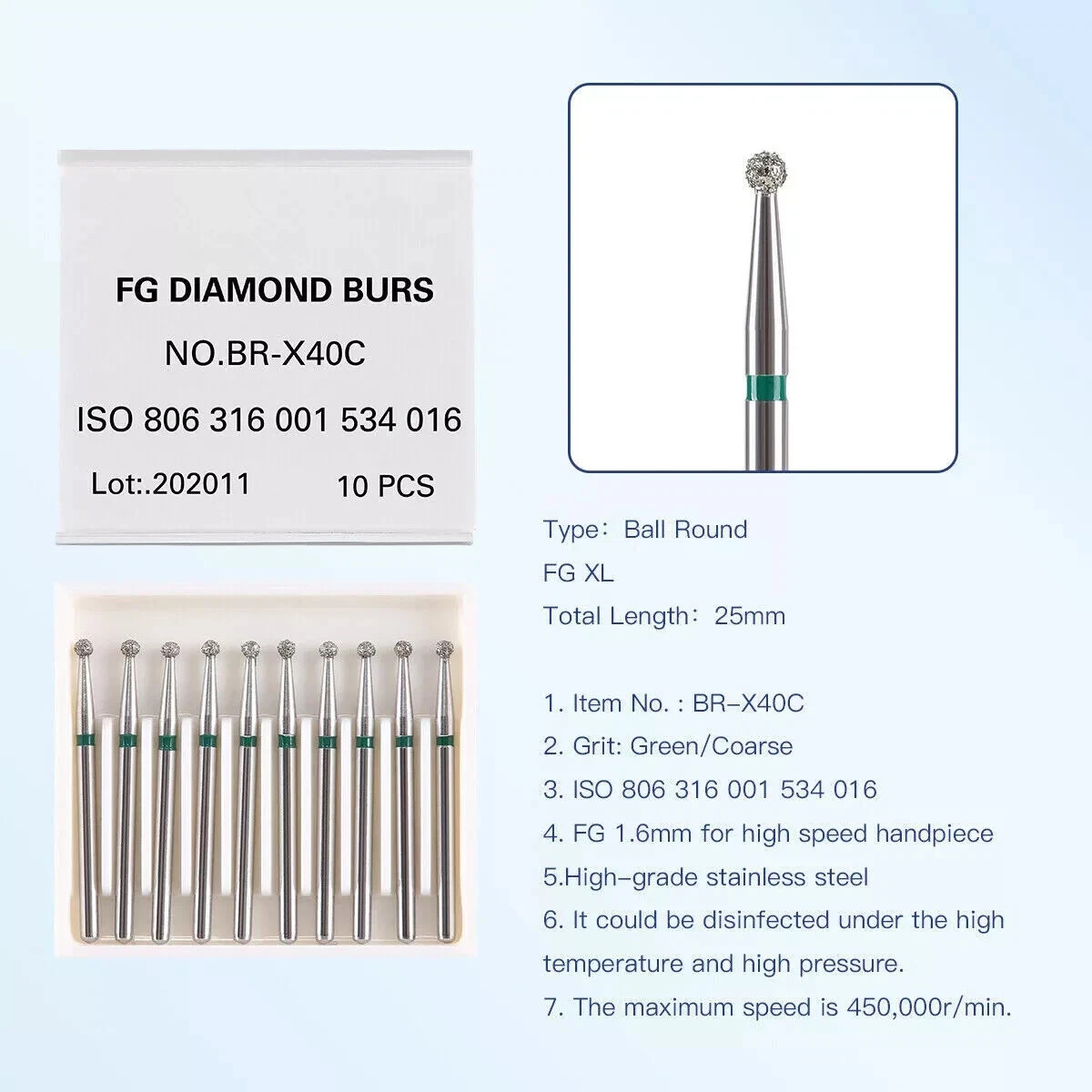 10 Pcs/Box Dental Surgical Diamond FG 1.6mm Burs Ball Round High Speed Handpiece