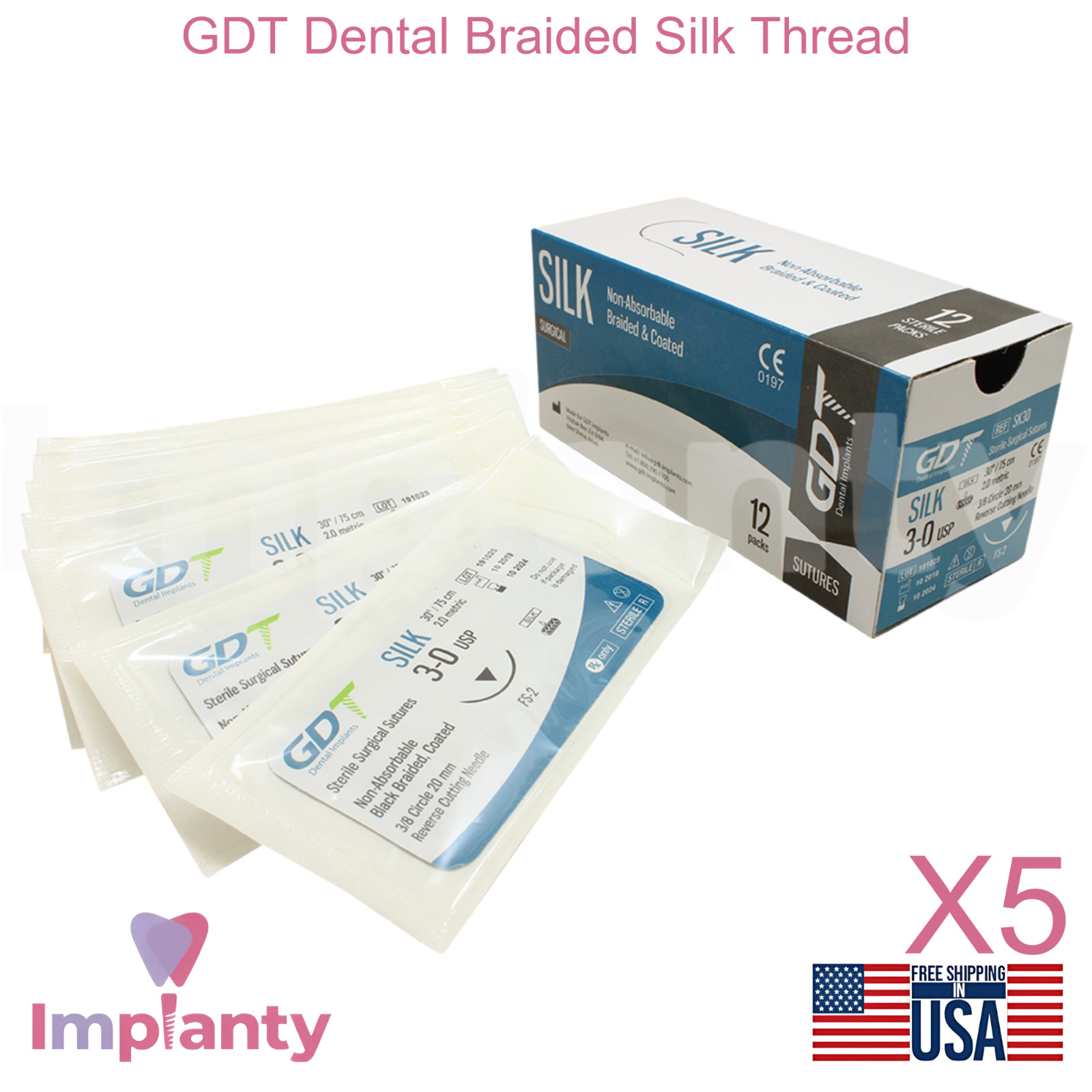 5x GDT Dental Braided Silk Thread Black Silicone SteriIe Individual Packs