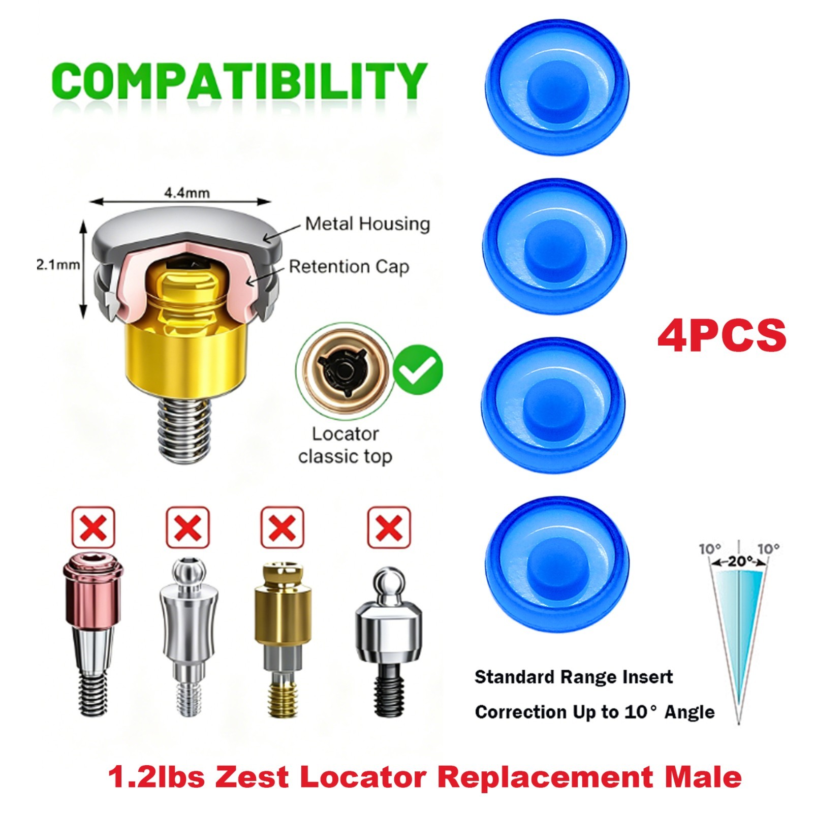 US Dental Zest Locator Retention Caps 0.8/1.2/2.4lbs & Core Tool Kit Overdenture