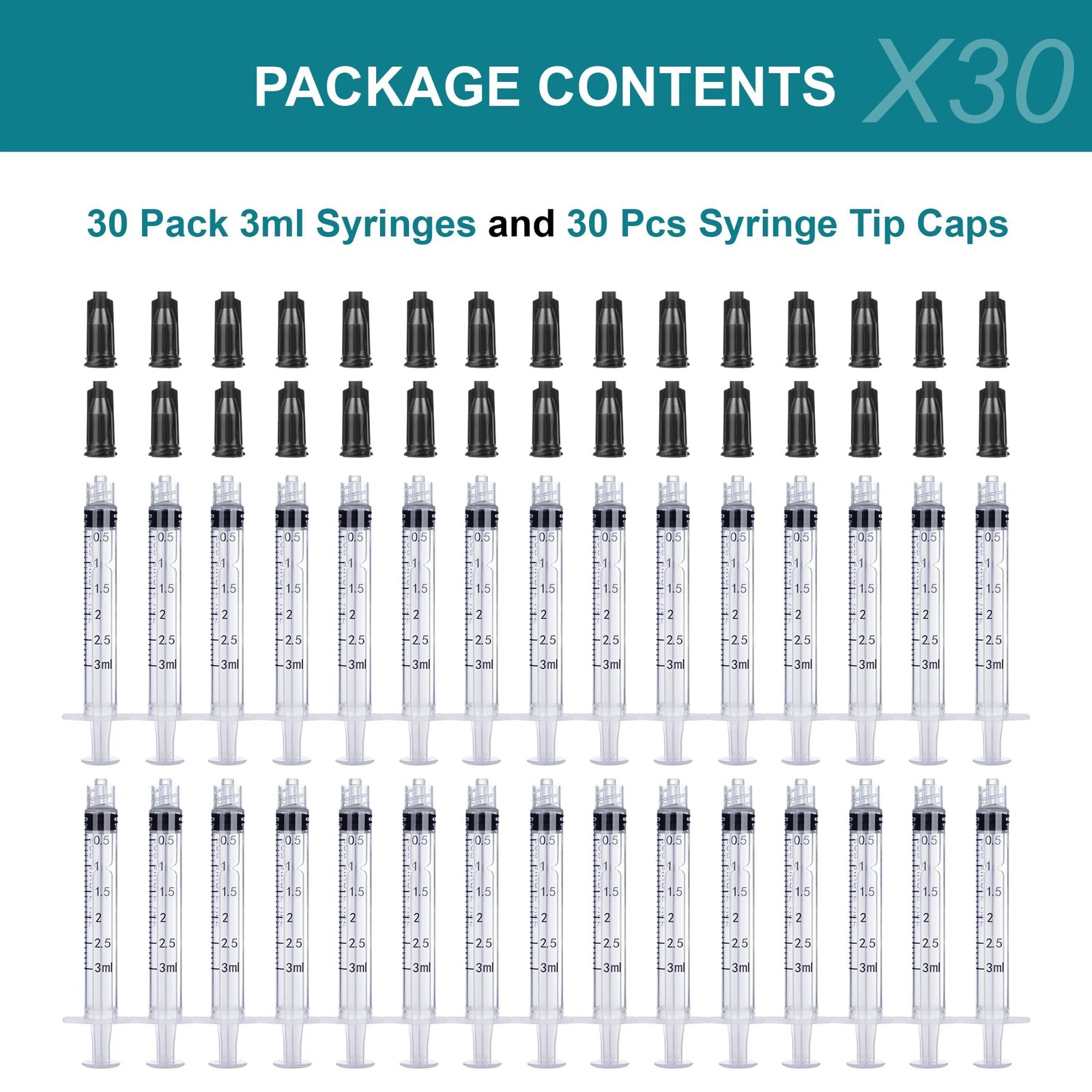 30 Pack Luer Lock 3ml Syringe Without Needle Plastic – Syringes transparent