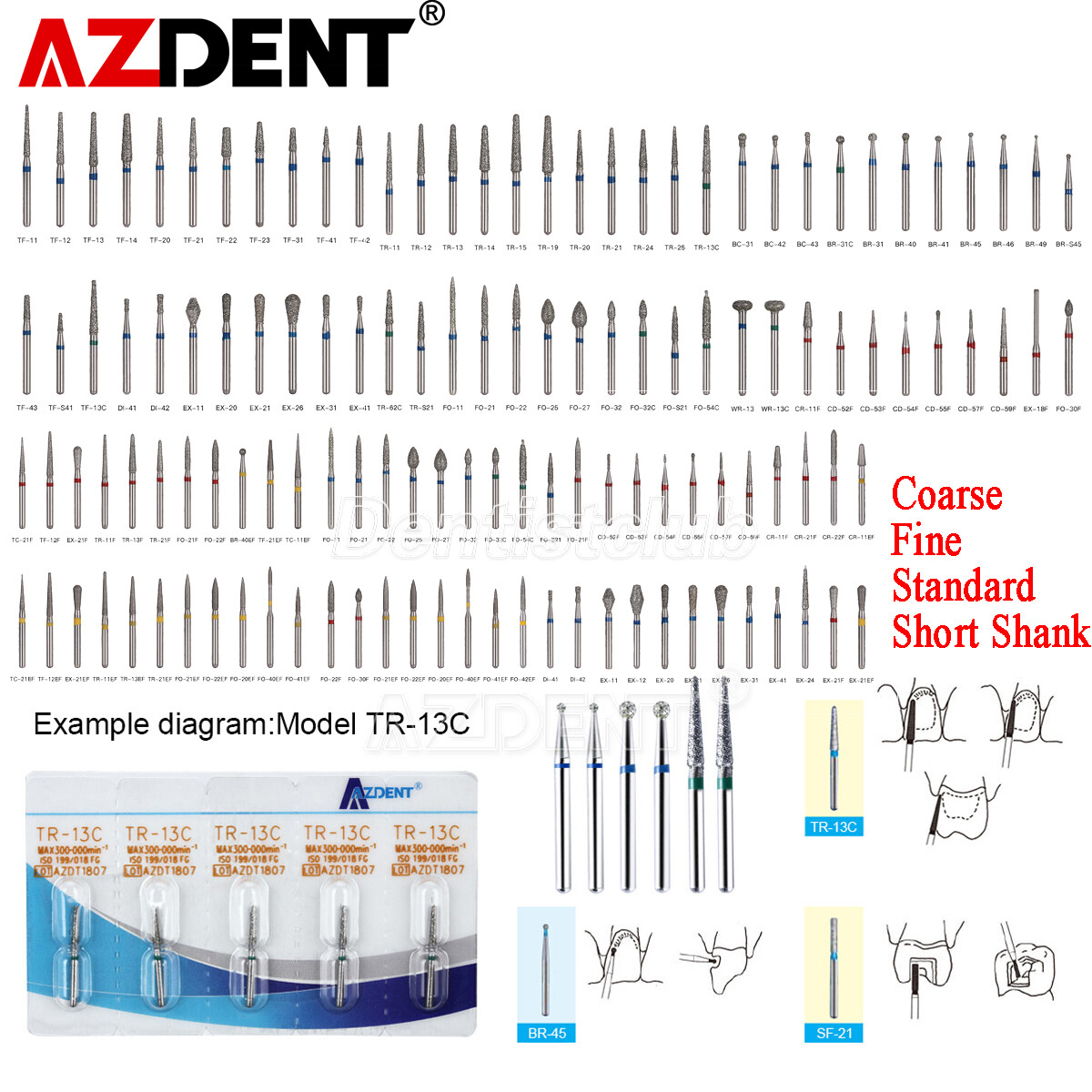 AZDENT Dental High Speed Handpiece FG Diamond Burs Coarse/Fine/Standard 1.6mm