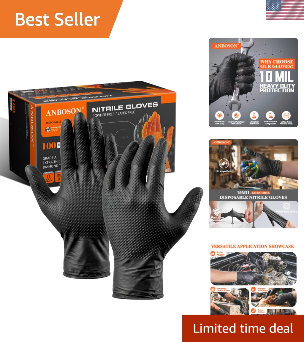 100-Pack XL Black Disposable Nitrile Gloves – Diamond Grip, Chemical Resistant