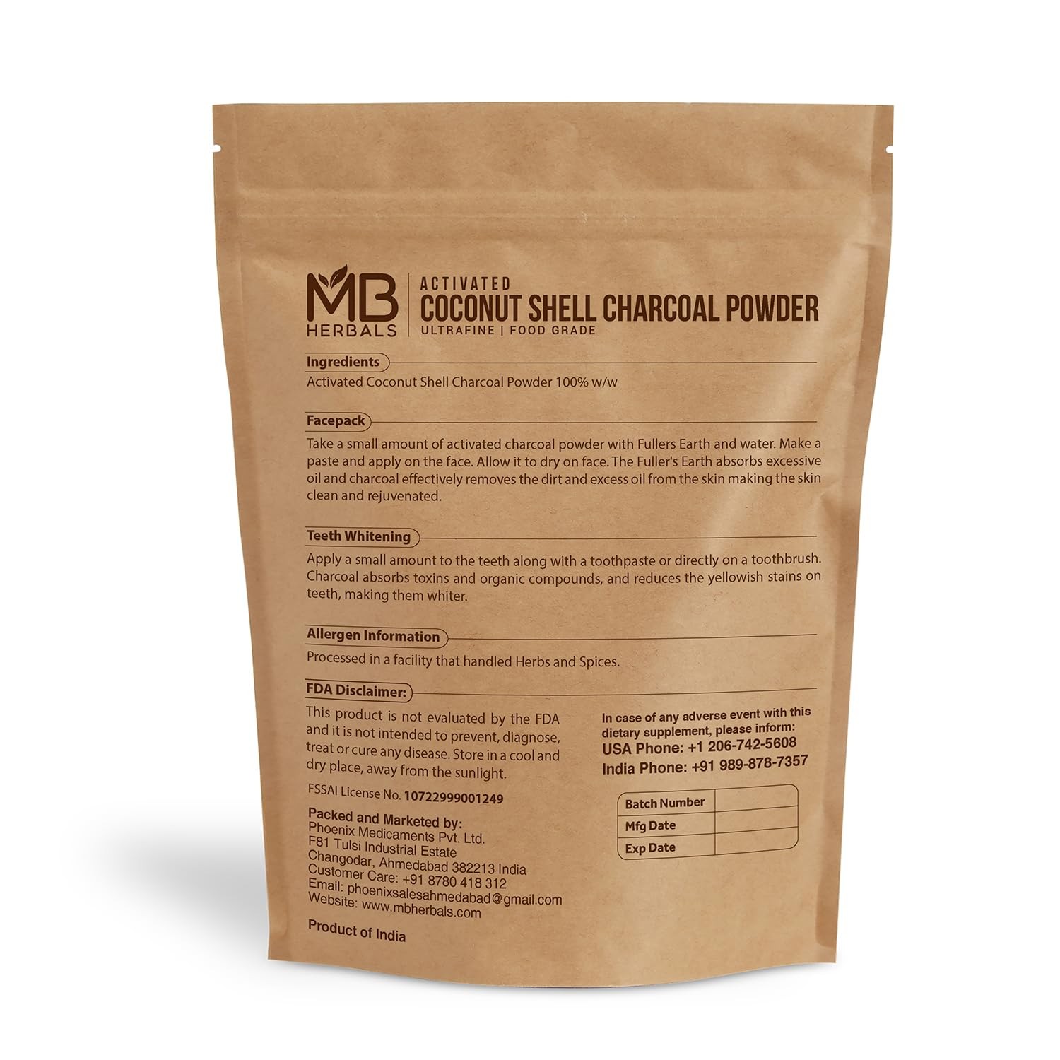 MB Herbals Activated Coconut Shell Charcoal 16 Ounce (Pack of 1), Black