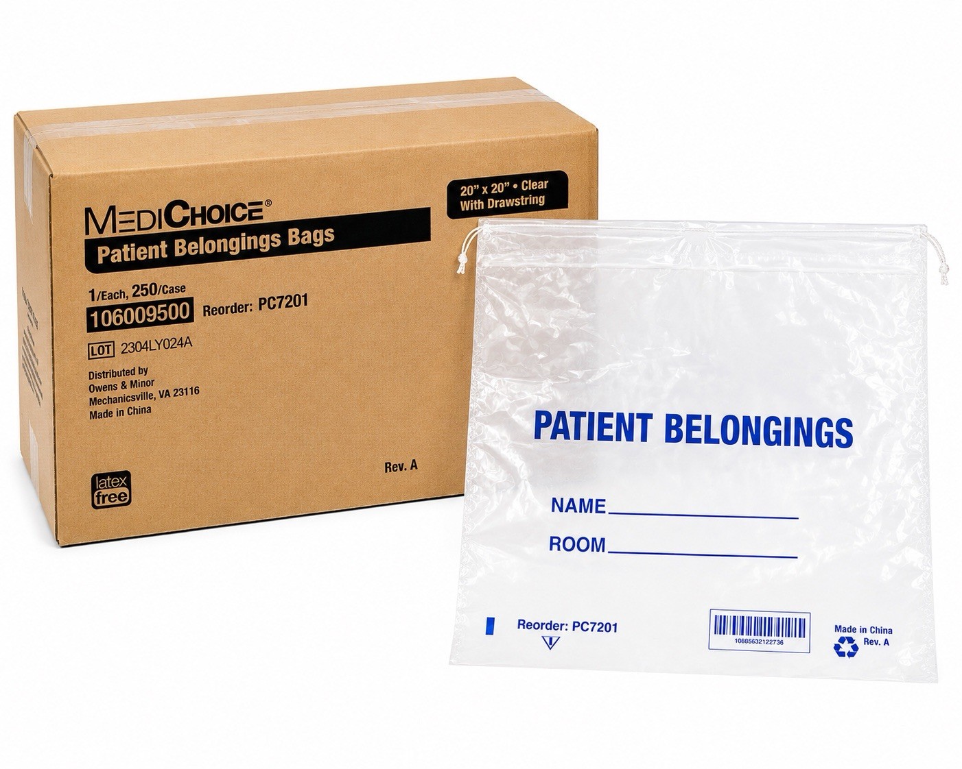 MediChoice PC7201 Patient Belongings Bags 20×20 Clear Drawstring 250/Case