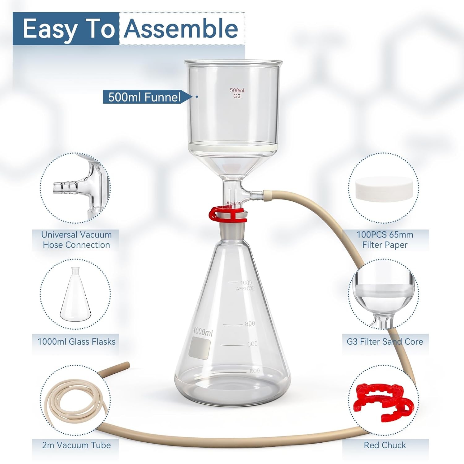 Funnel Filtering Kit, 1000ml Filter Bottle&500ml Funnel, High Borosilicate Glass
