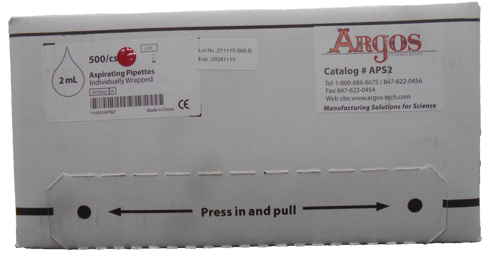 Argos APS2 Sterile Aspirating Serological Pipettes 2 mL Individually Wrap 500/CS