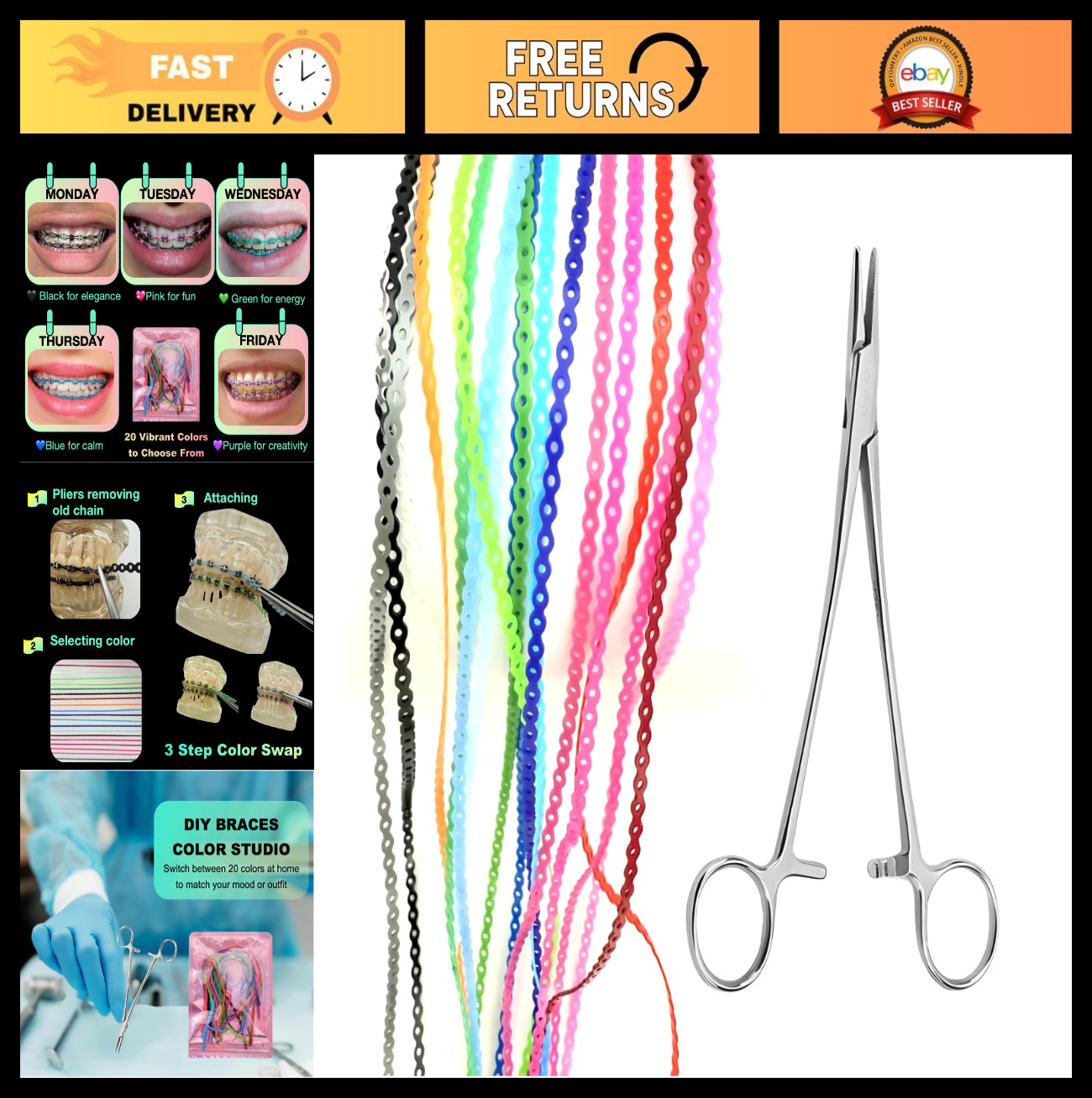 DIY Orthodontic Power Chain Kit – 20 Multi-Color Elastic Rubber Bands & Plier