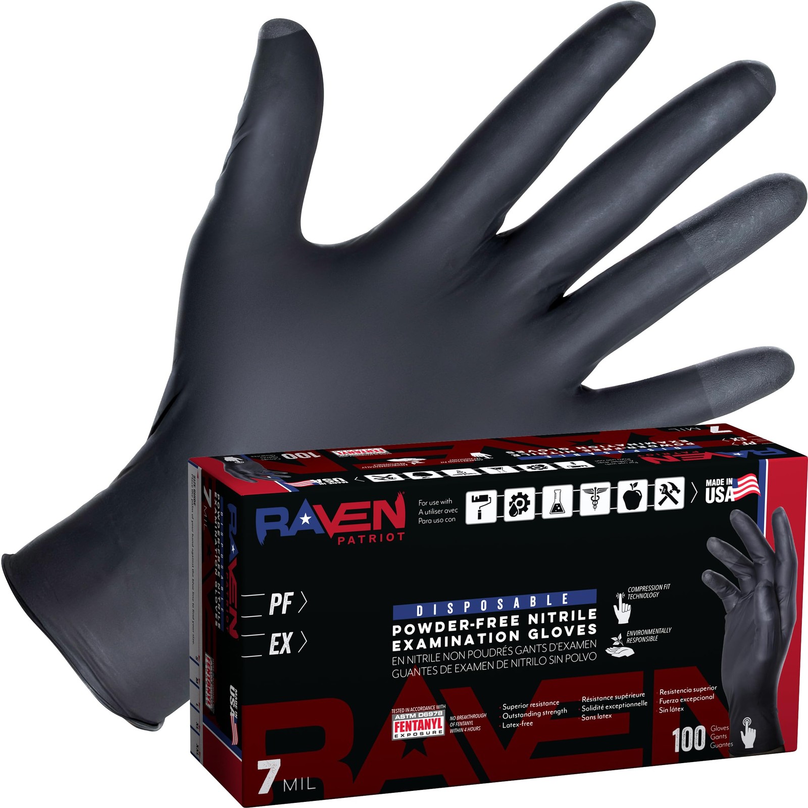 SAS Raven Patriot Powder-Free Nitrile Disposable Gloves | 7 Mil – Lrg | Black, 1