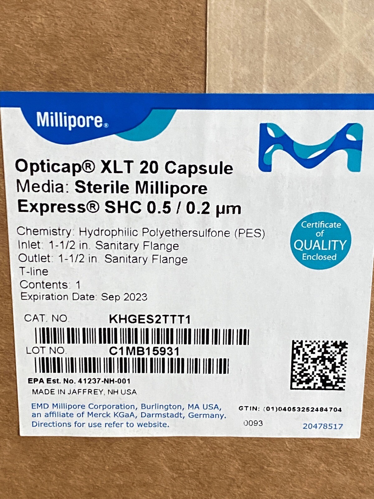 MILLIPORE Opticap XLT 20 Express SHC 0.5/0.2um Capsule 1-1/2” TC KHGES2TTT1