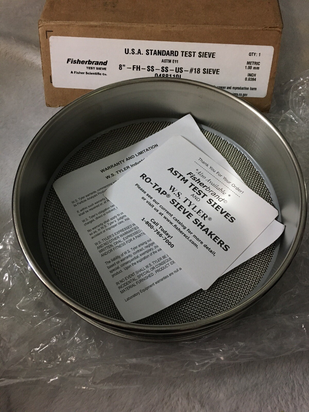 Fisher 8″ U.S. Standard #18 Mesh SS Frame & Cloth Test Sieve, 1 mm (0488110L)