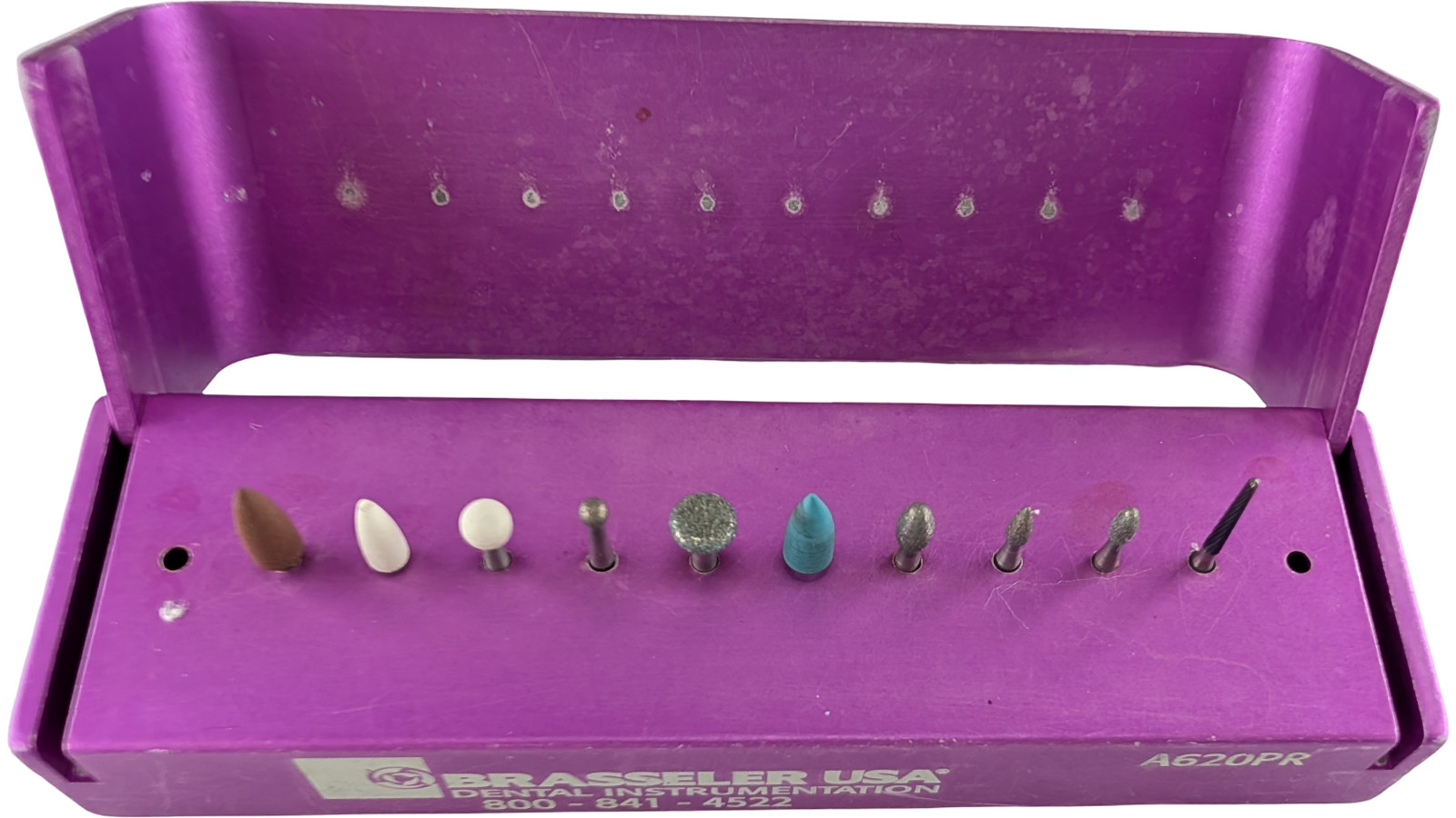 Brasseler USA A620PR Purple Aluminum Bur Block 12-Hole FG With 10 Assorted Burs