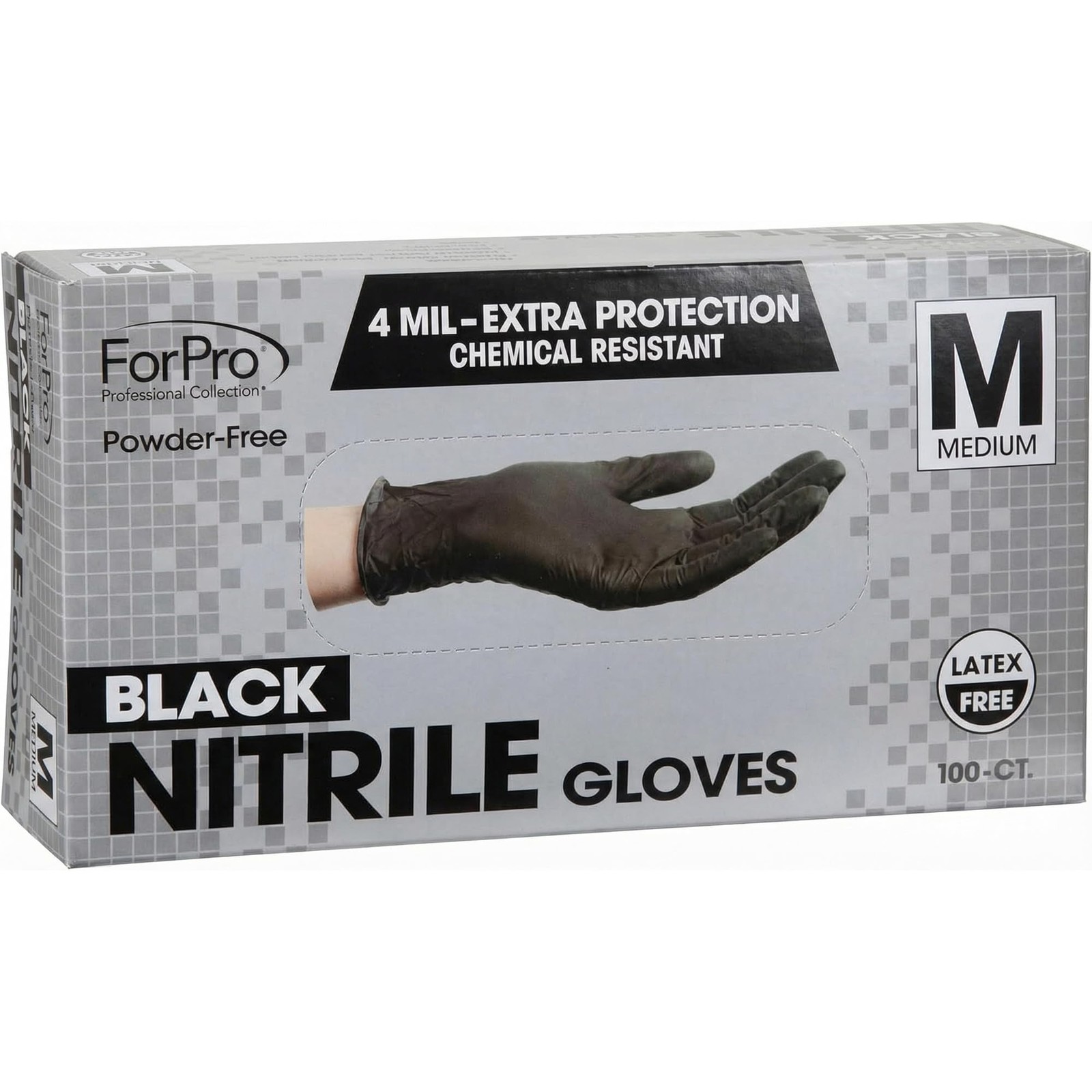 ForPro Disposable Nitrile Gloves, Black, Medium, 100~Count