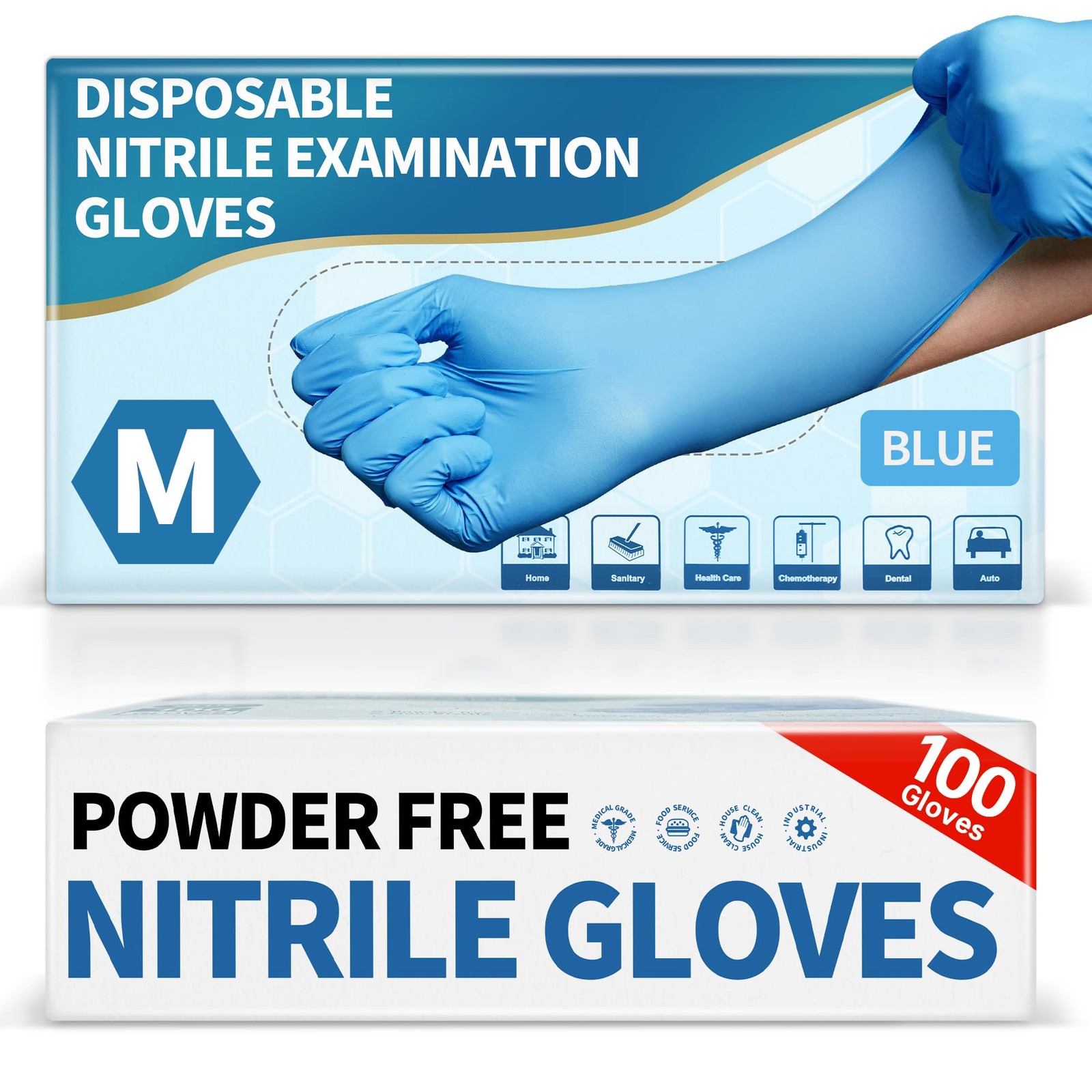 Medguy Powder-Free Nitrile Exam Gloves, 4.5 Mil, 100 Medium, Medium (Blue)