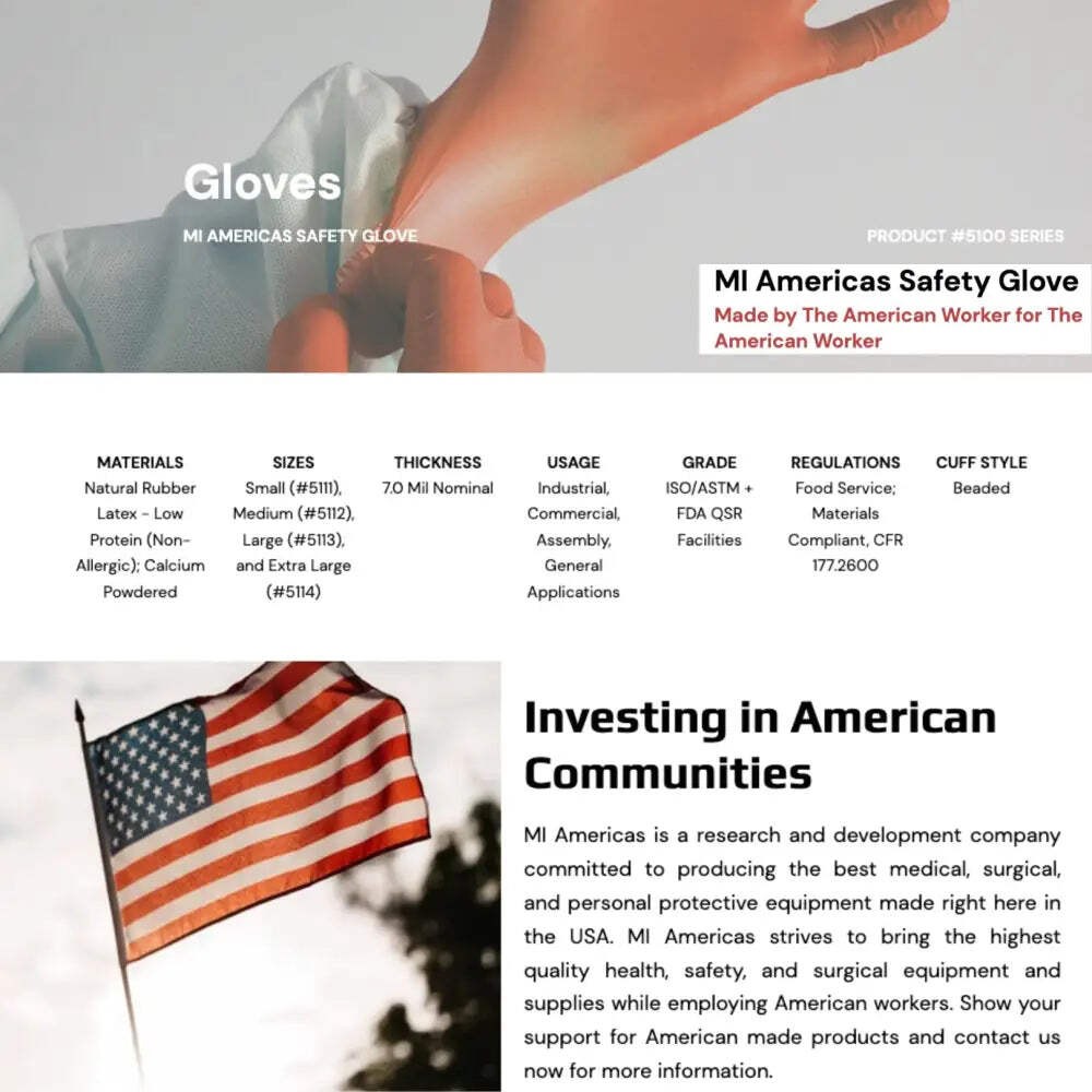 MI Americas Latex Safety Glove Disposable Low Protein Natural Rubber Non-Allergy