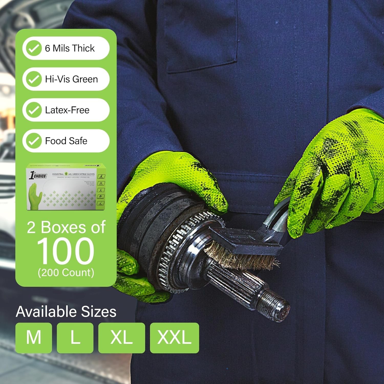 Durable 200 Count Green Nitrile Mechanic Gloves with Diamond Grip – XL Size