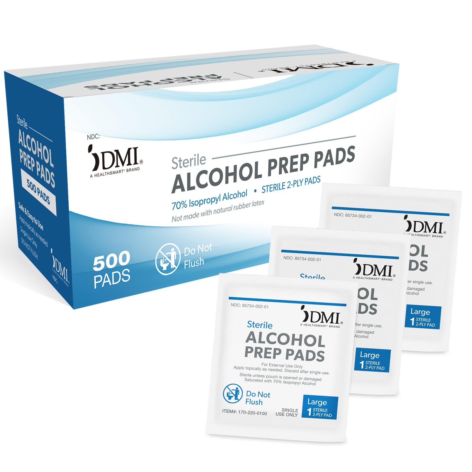 DMI Alcohol Prep Pads, 500 Count (5 Boxes of 100), Medical Grade Large White