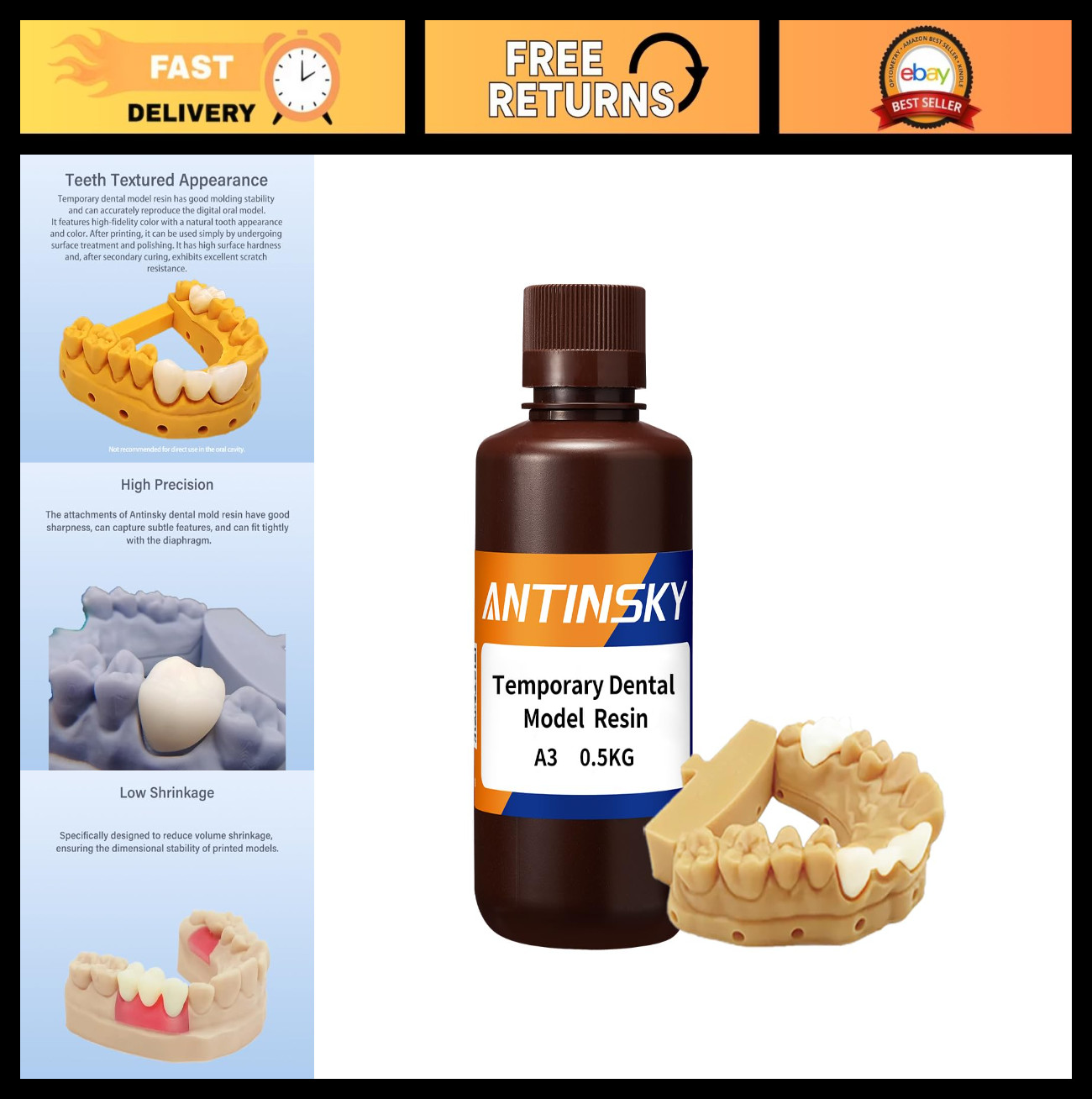 High Precision 3D Printer Resin for Dental Models – 405nm, Fast Cure, A3 Color,