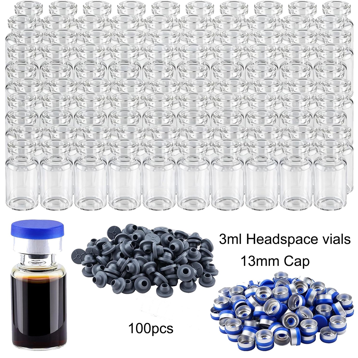 100PCS 3ml Glass Vials Headspace Vials Clear 13mm Crimp top Flat Bottom HPLC