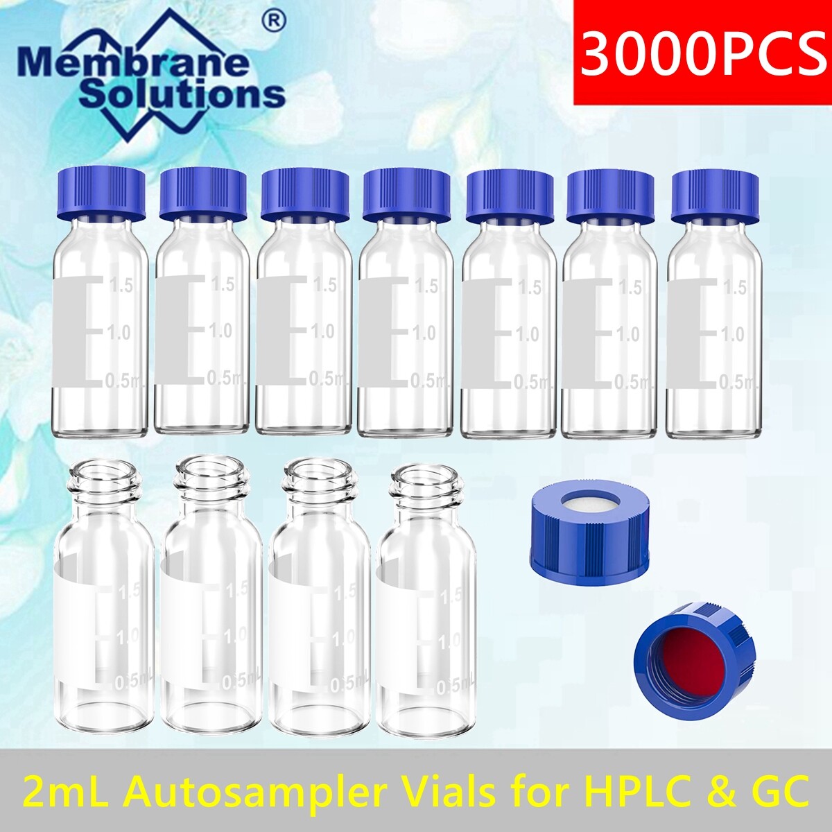2mL Autosampler Vials +Caps HPLC 9-425 Clear Glass Writing Area Graduation