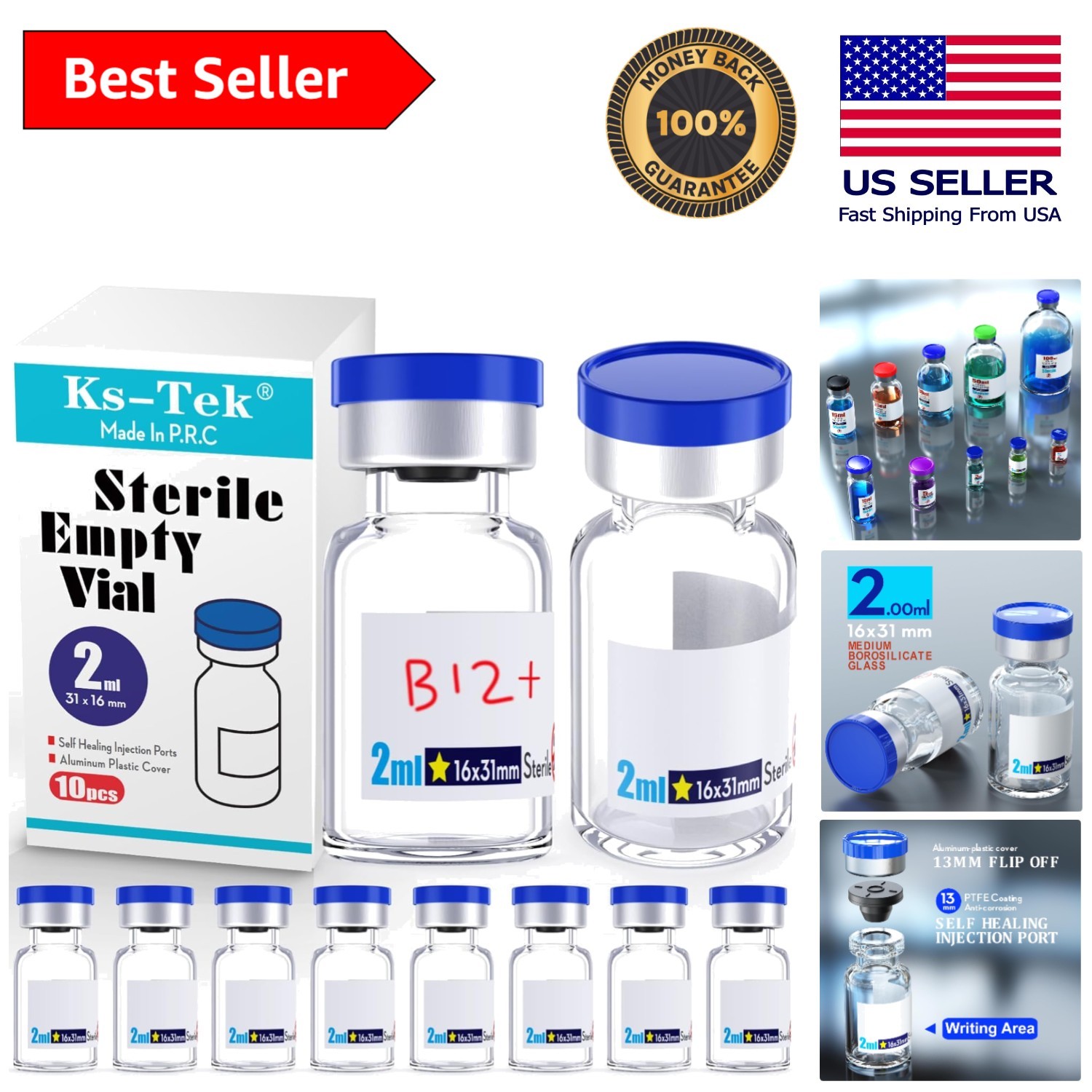 Ks-Tek Sterile Empty Vials with Self Healing Injection Port,with Aluminum Pla…