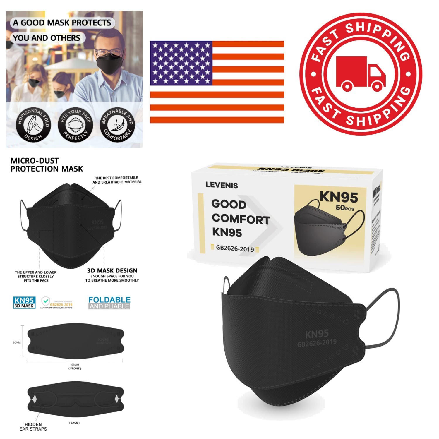 50 Pack KN95 Face Masks Adjustable Ear Loop Lightweight Non Woven for Protection
