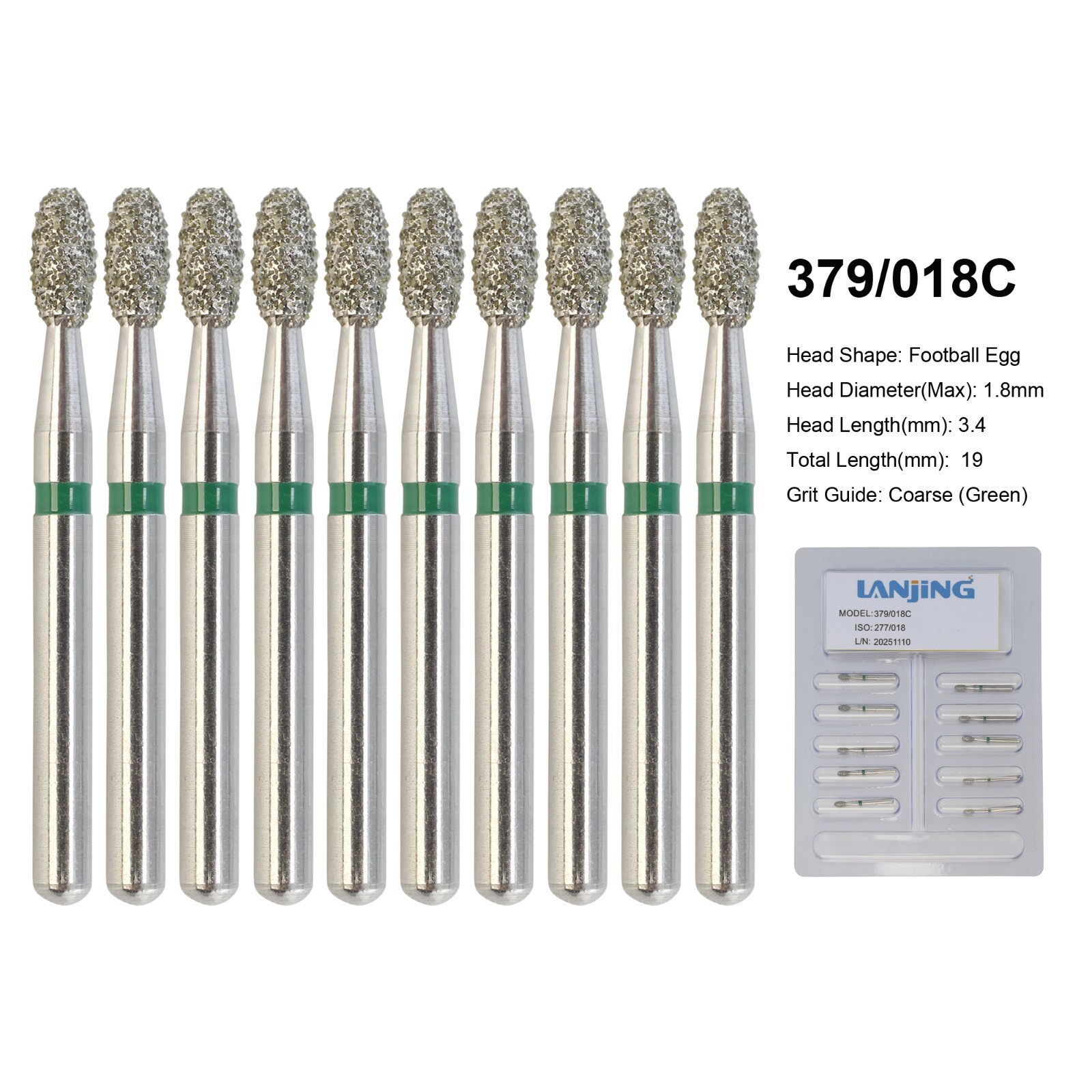 Dental Football Bur 379/018C Diamond Bur FG Egg Shape Coarse Green High Speed
