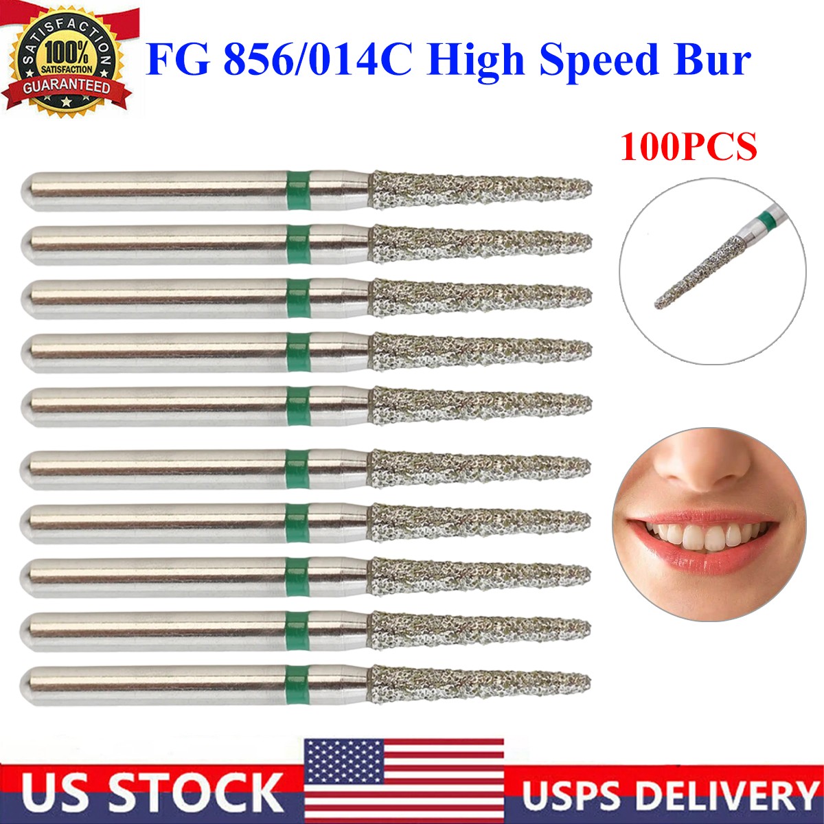 100x Dental Diamond Burs FG 856/014C Round End Taper Coarse Grit Friction Grip
