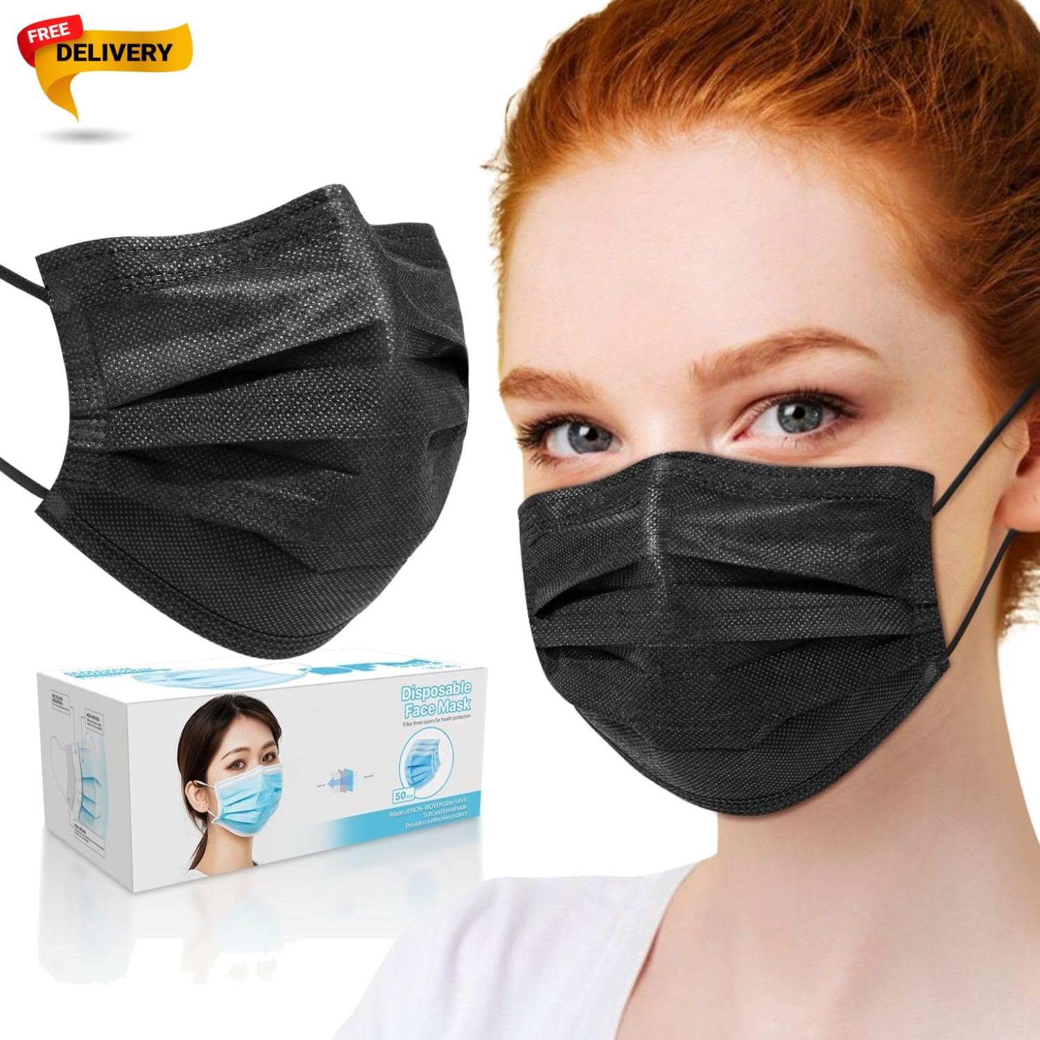 50 PCS Black Disposable Face Masks 3-Ply Filter Earloop Mouth Cover, Face Mask