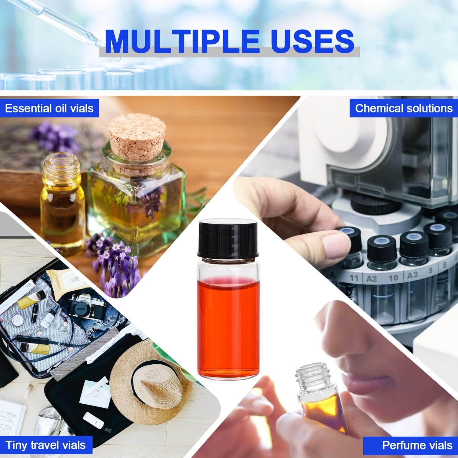 100x 10ml Clear Glass Vials w/Screw Caps and Plastic Stoppers 1 Dram Sample Vial