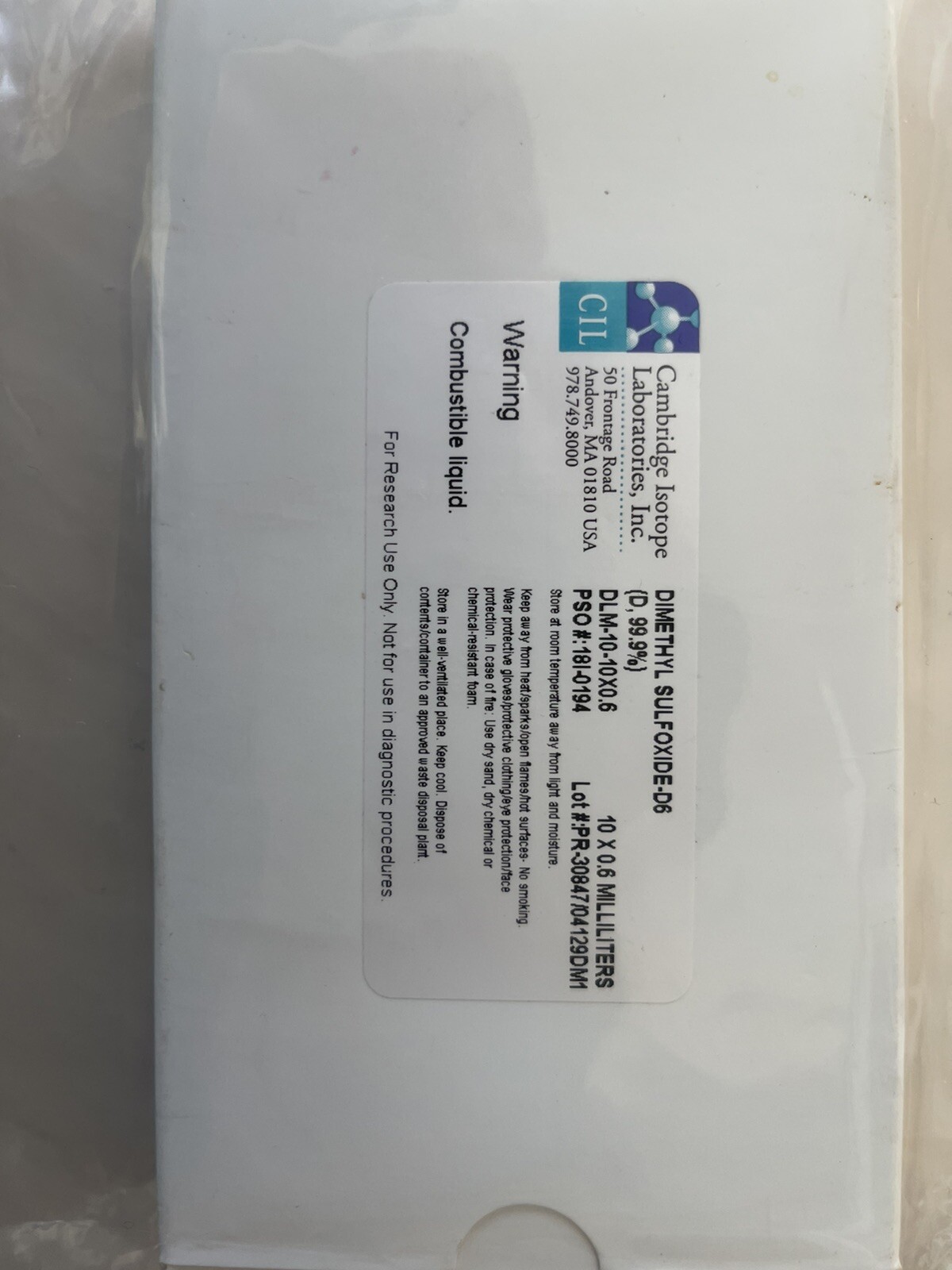 Cambridge Isotopes – Dimethyl Sulfoxide D6 100% DMSO for NMR Spectroscopy
